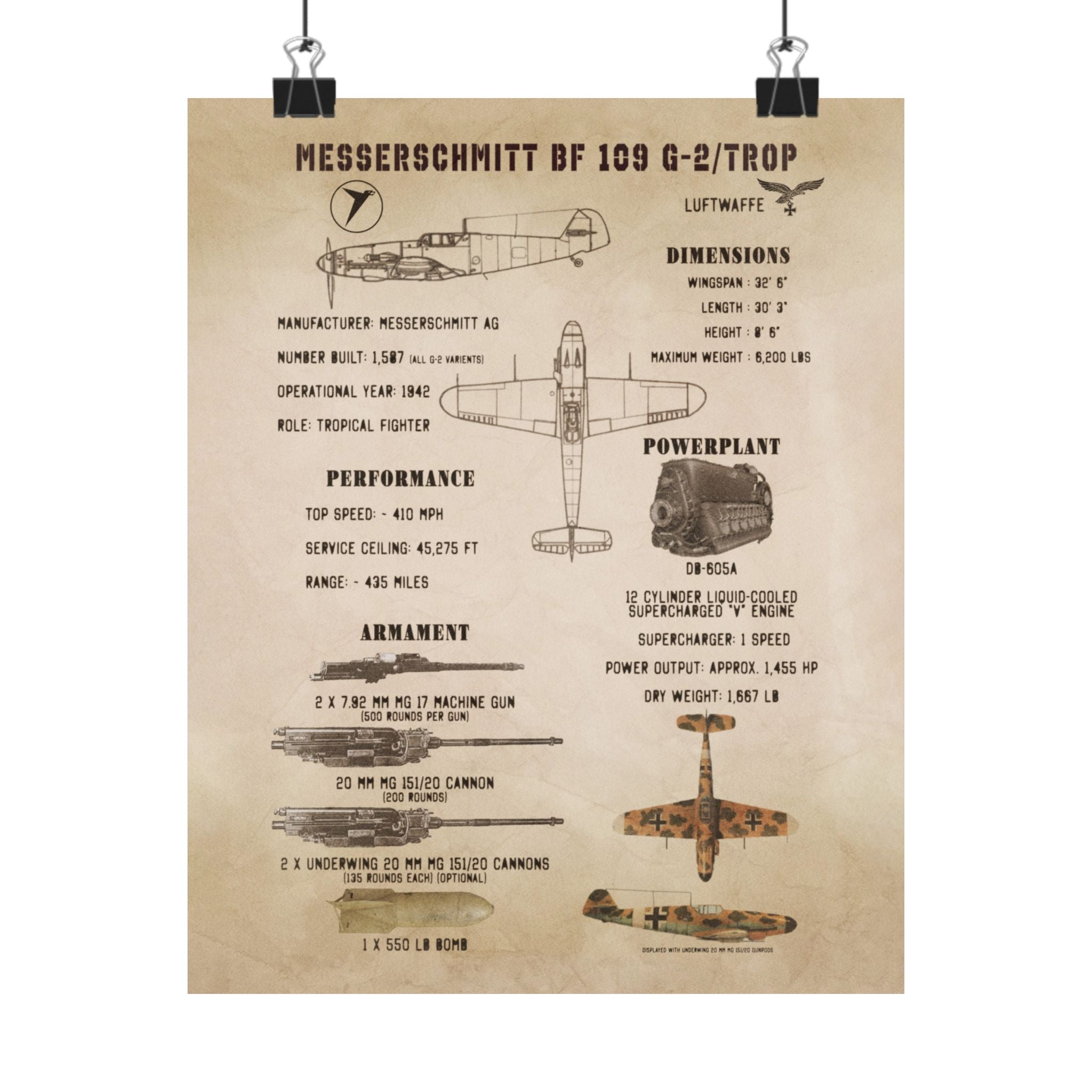 Matte Poster | Messerschmitt Bf 109 G-2/Trop Specs