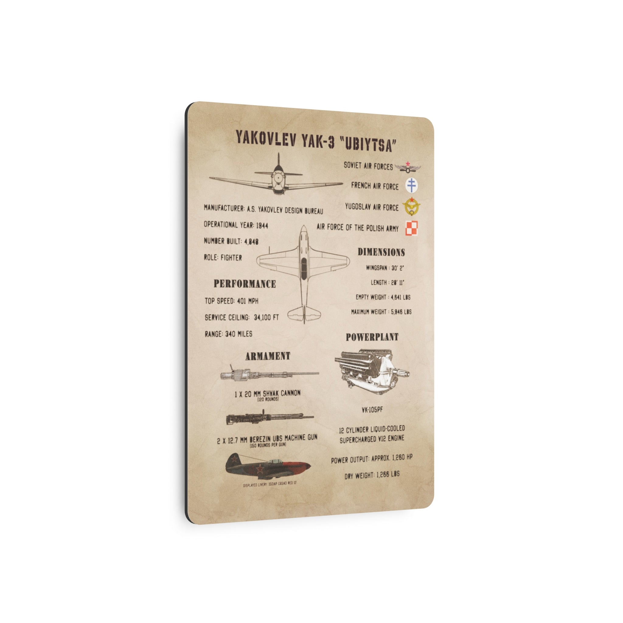 Metal Poster | Yakovlev Yak-3 Specs