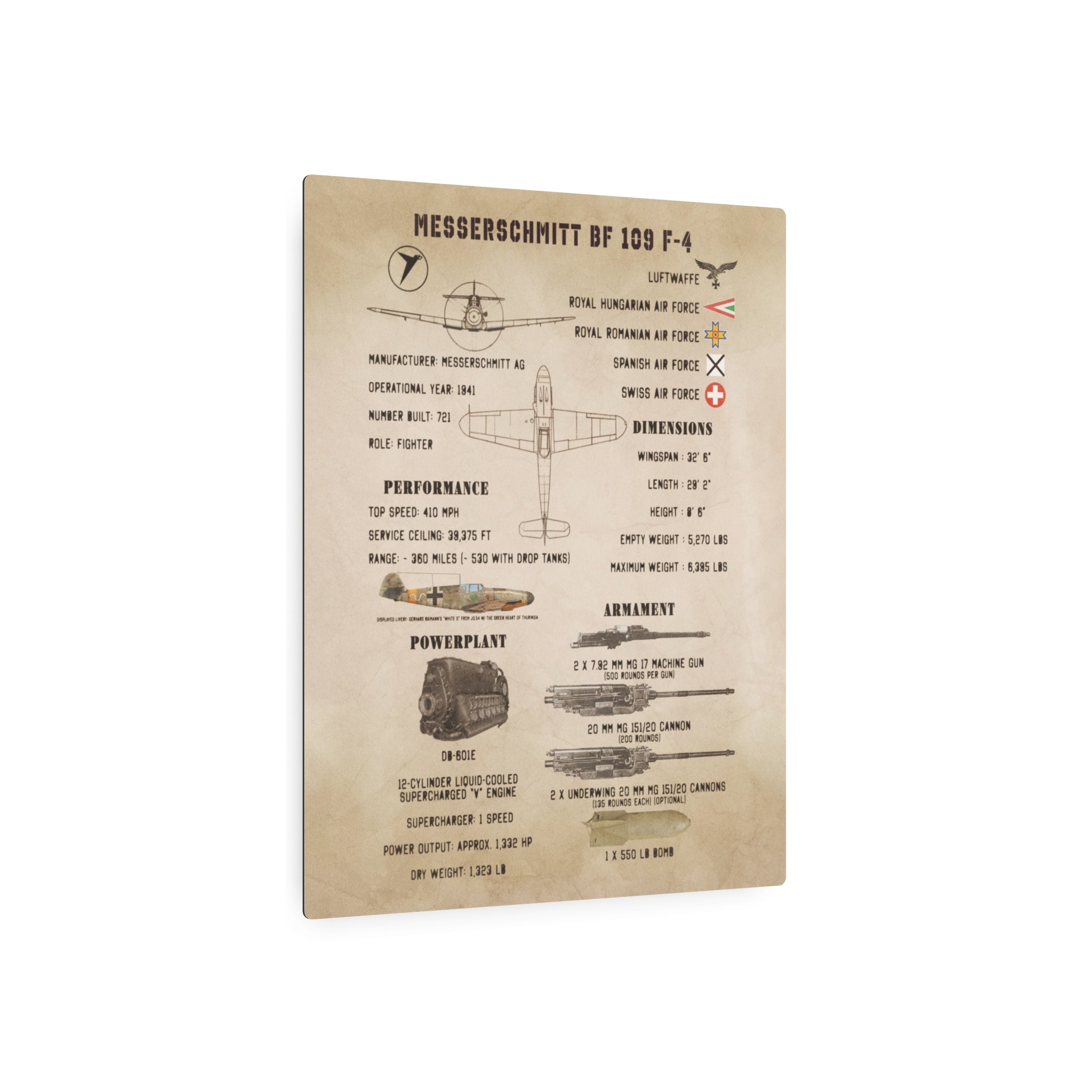 Metal Poster | Messerschmitt Bf 109 F-4 Specs