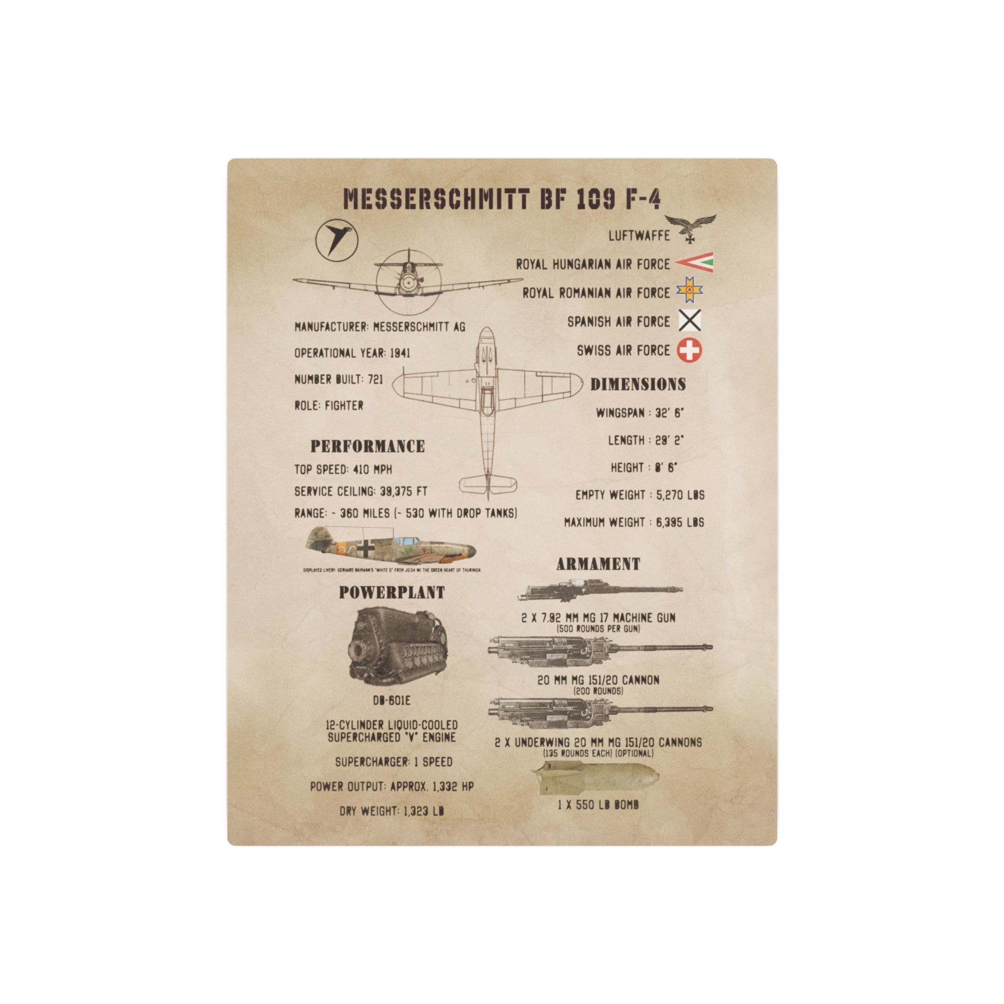 Metal Poster | Messerschmitt Bf 109 F-4 Specs