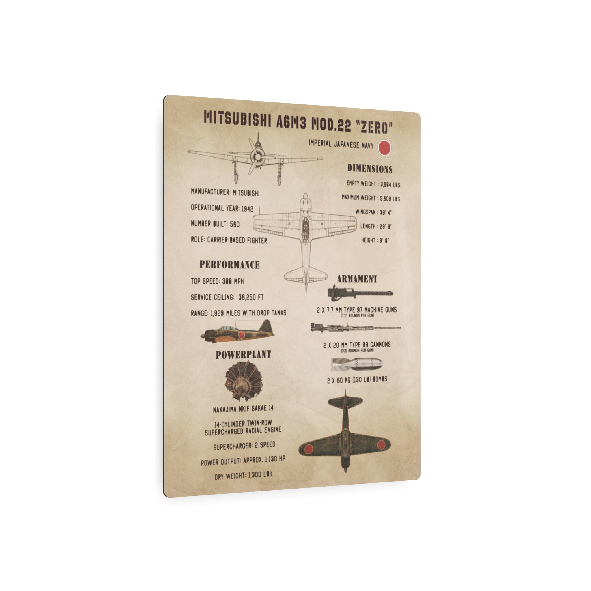 Metal Poster | Mitsubishi A6M3 Mod.22 "Zero" Specs