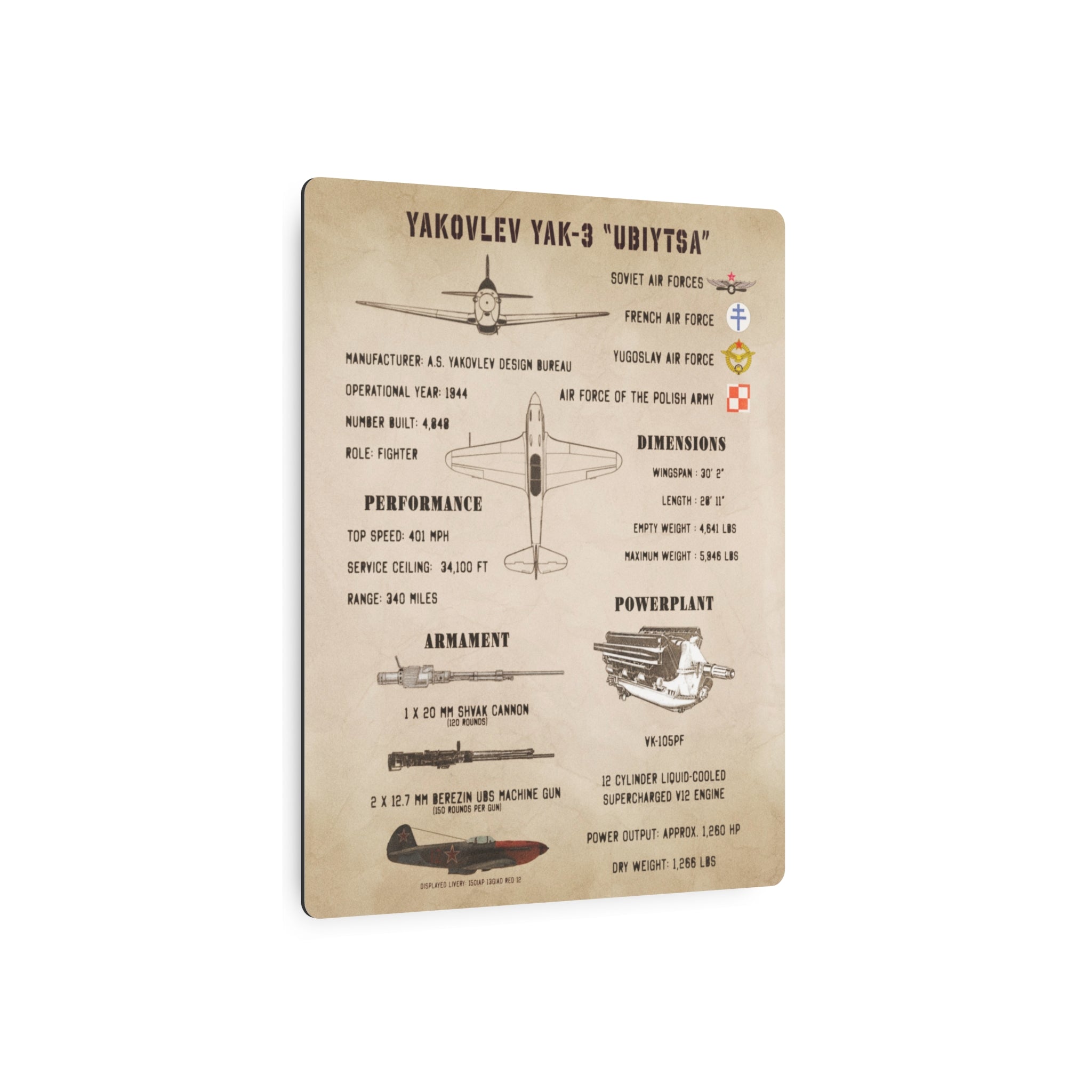 Metal Poster | Yakovlev Yak-3 Specs