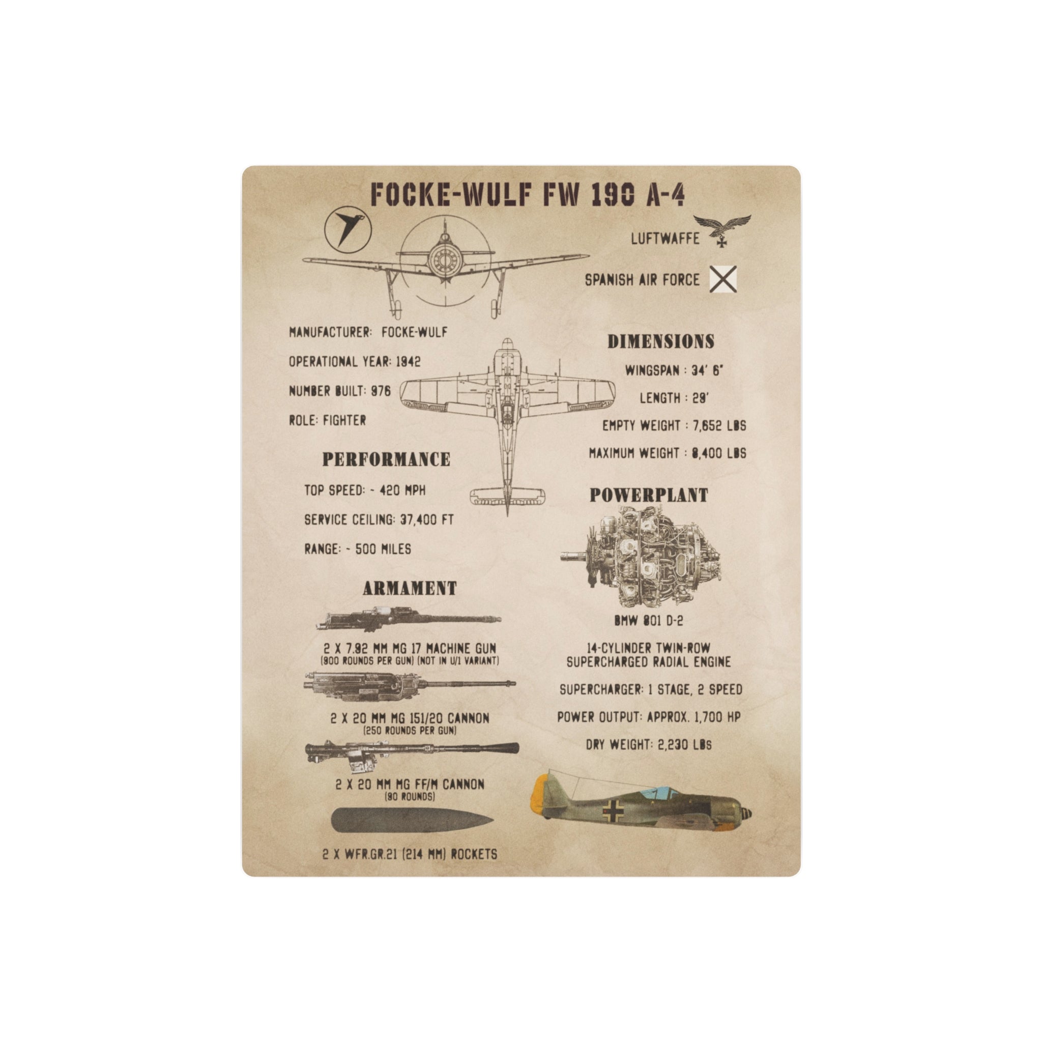 Metal Poster | Focke-Wulf Fw 190 A-4 Specs