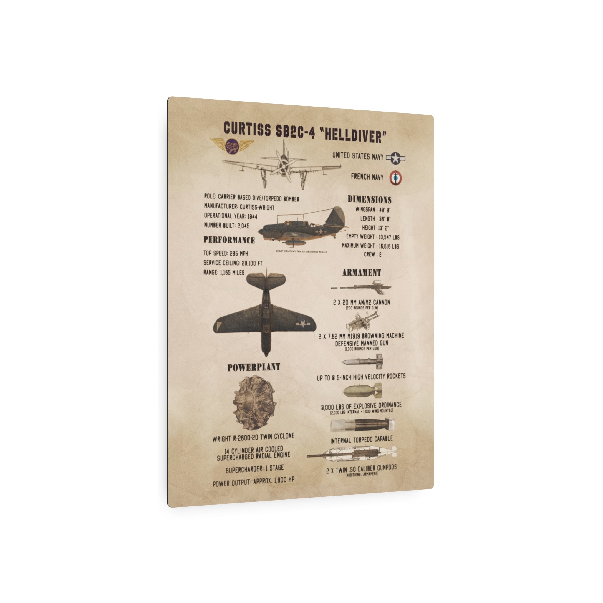 Metal Poster | Curtiss SB2C-4 "Helldiver" Specs