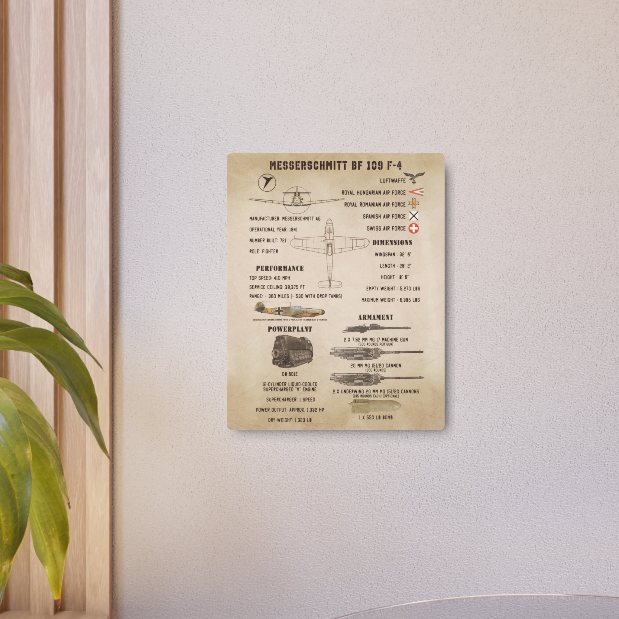 Metal Poster | Messerschmitt Bf 109 F-4 Specs