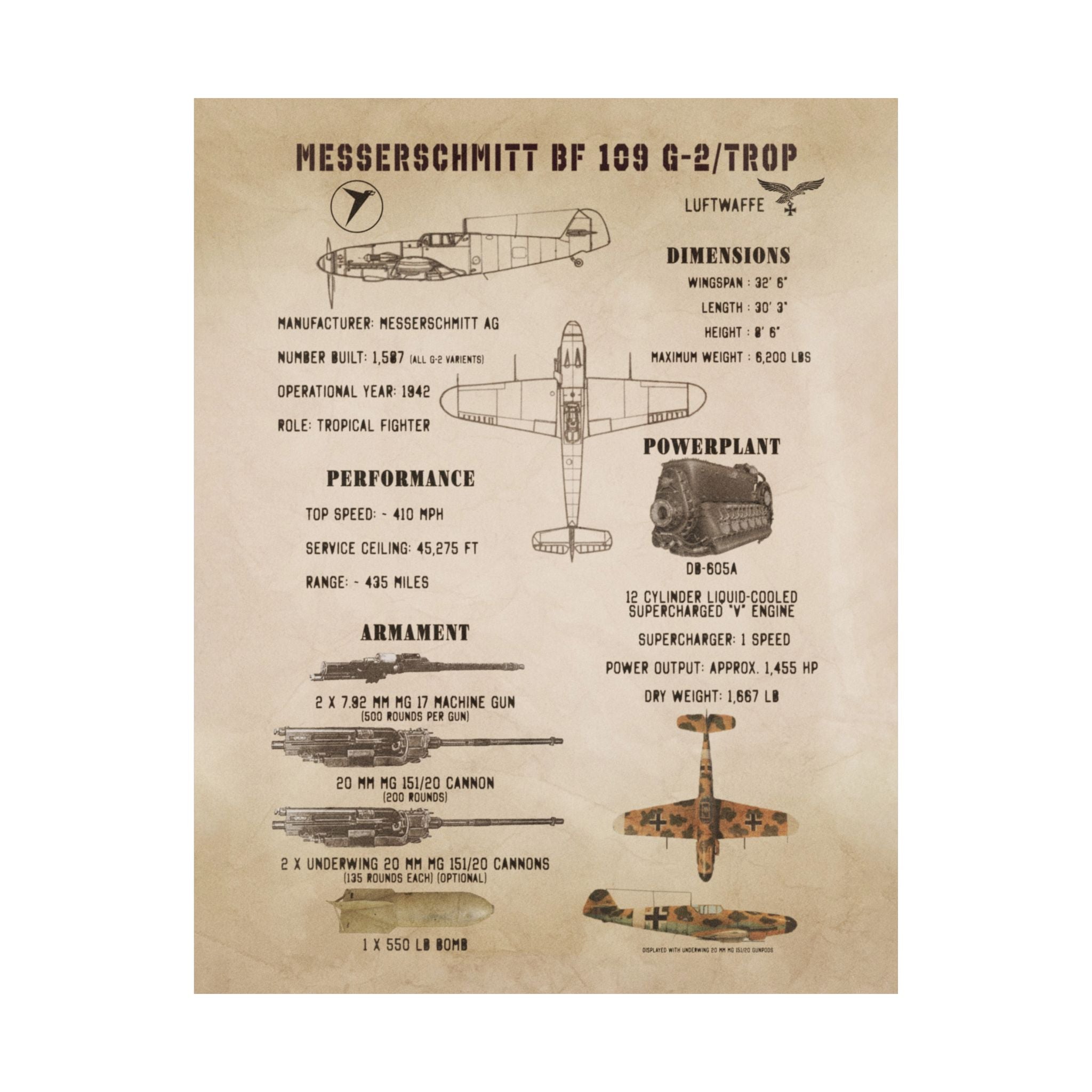 Matte Poster | Messerschmitt Bf 109 G-2/Trop Specs