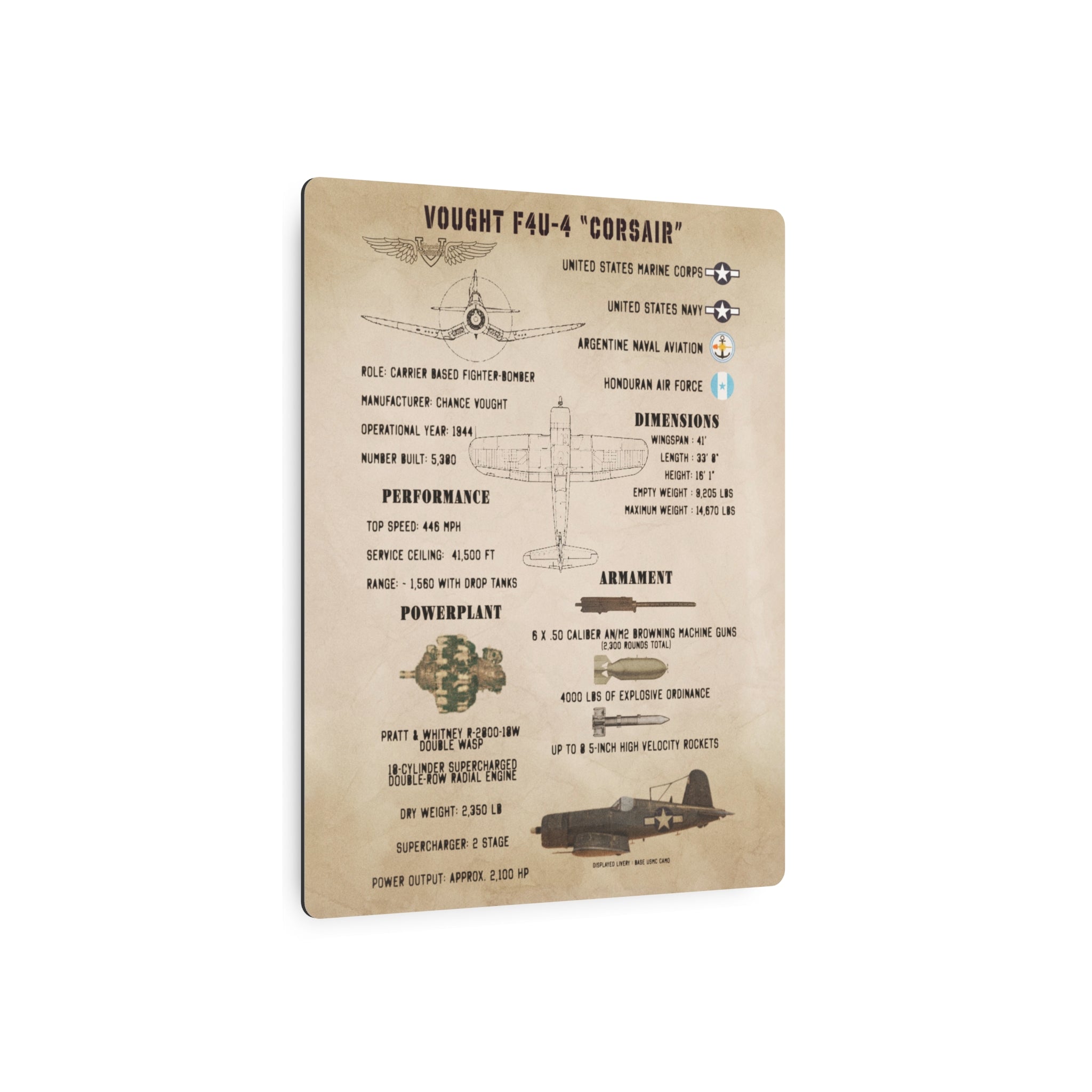 Metal Poster | F4U-4 "Corsair" Specs