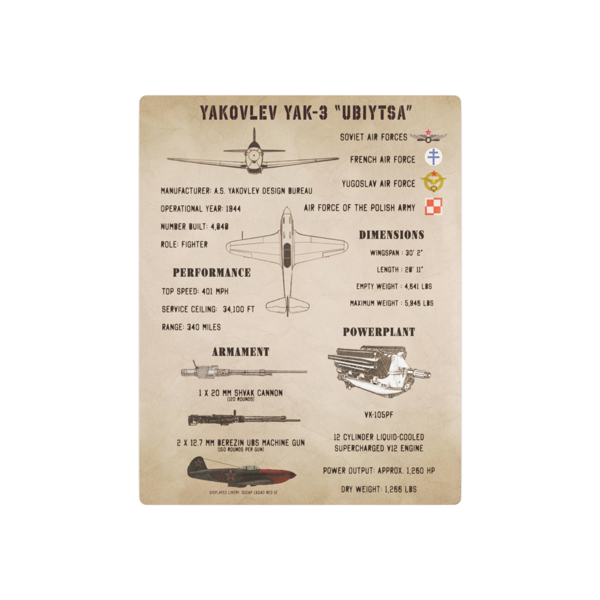 Metal Poster | Yakovlev Yak-3 Specs