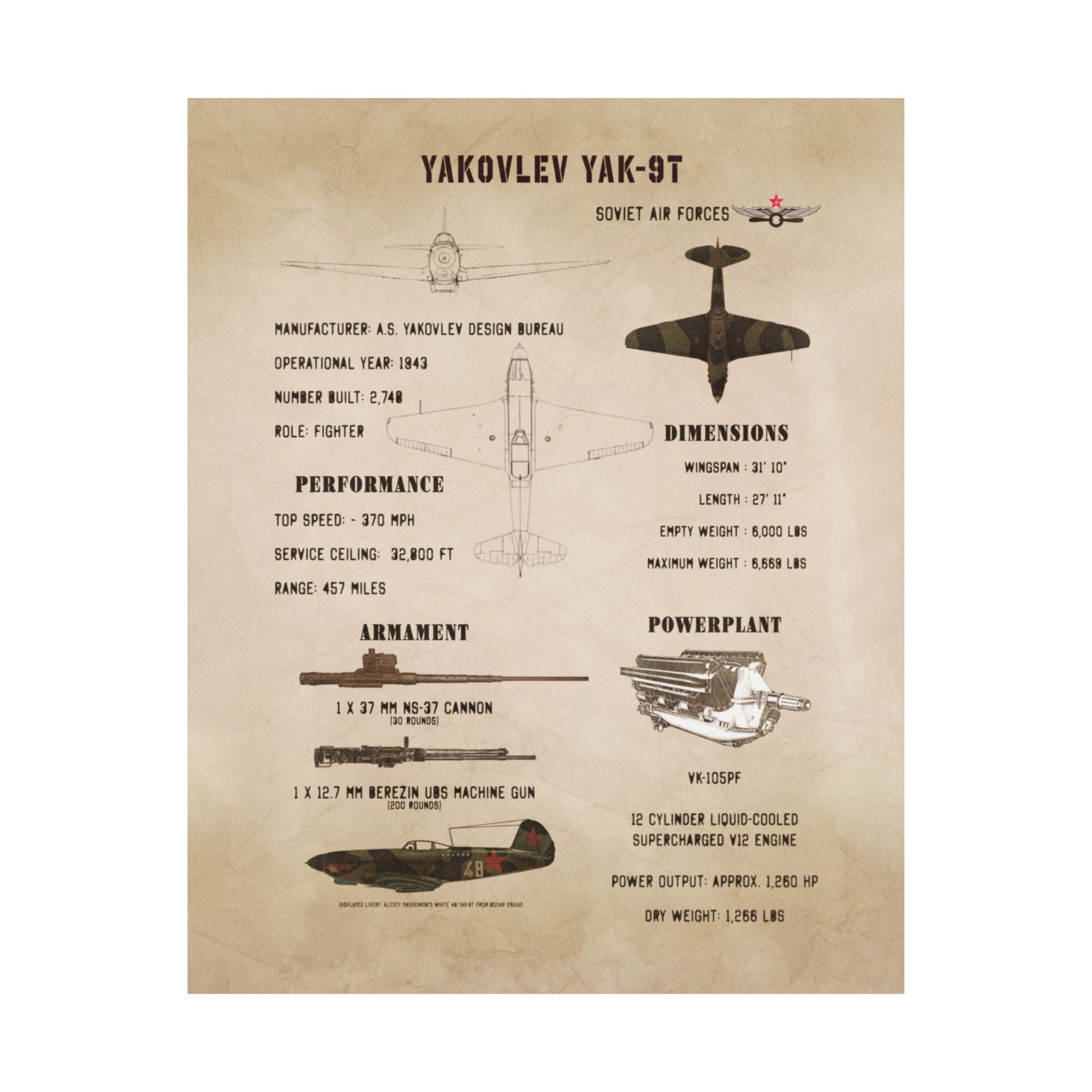 Matte Poster | Yakovlev Yak-9T Specs