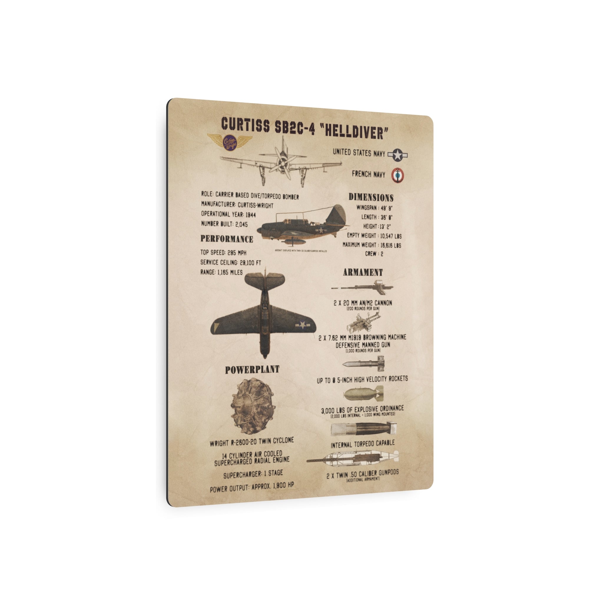 Metal Poster | Curtiss SB2C-4 "Helldiver" Specs