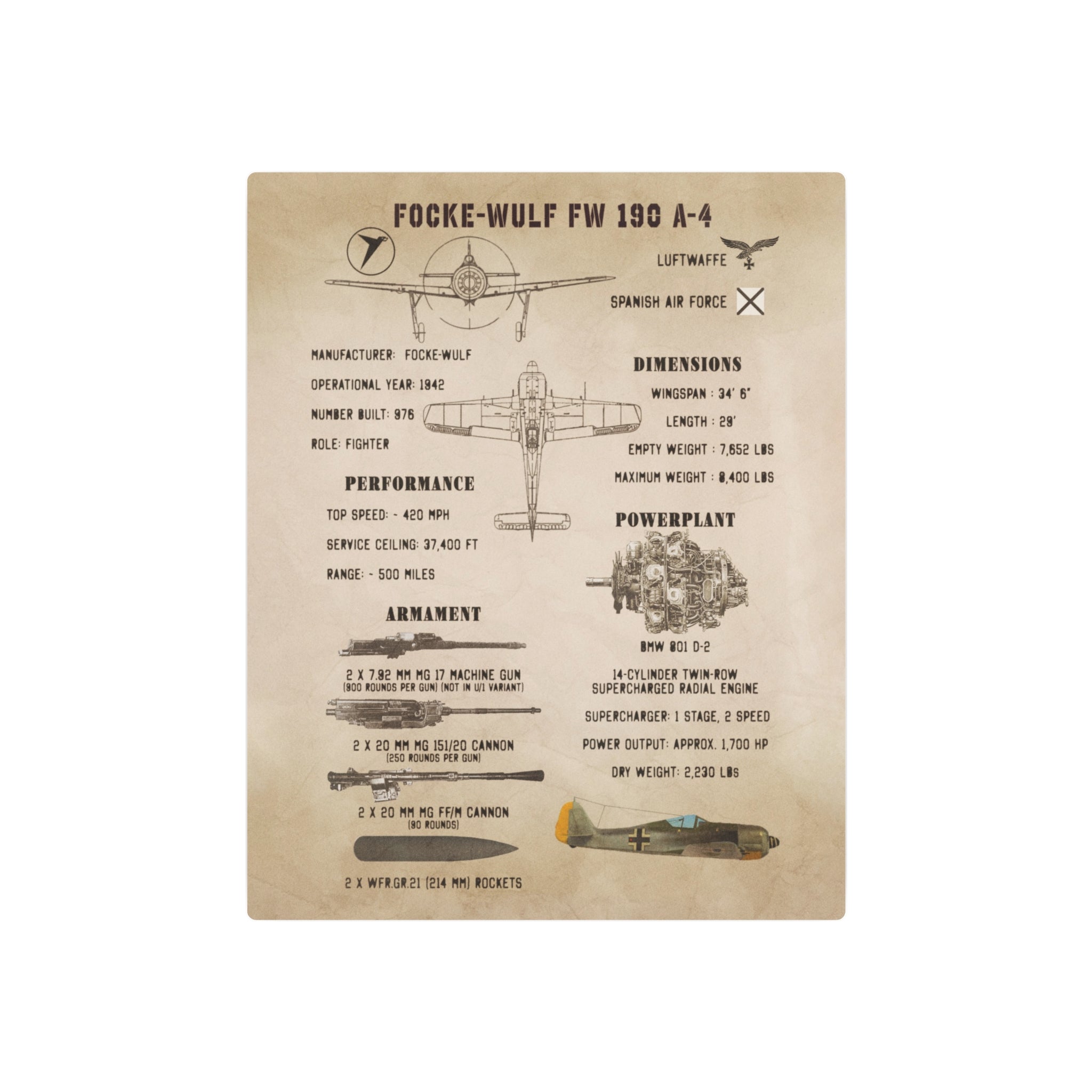 Metal Poster | Focke-Wulf Fw 190 A-4 Specs