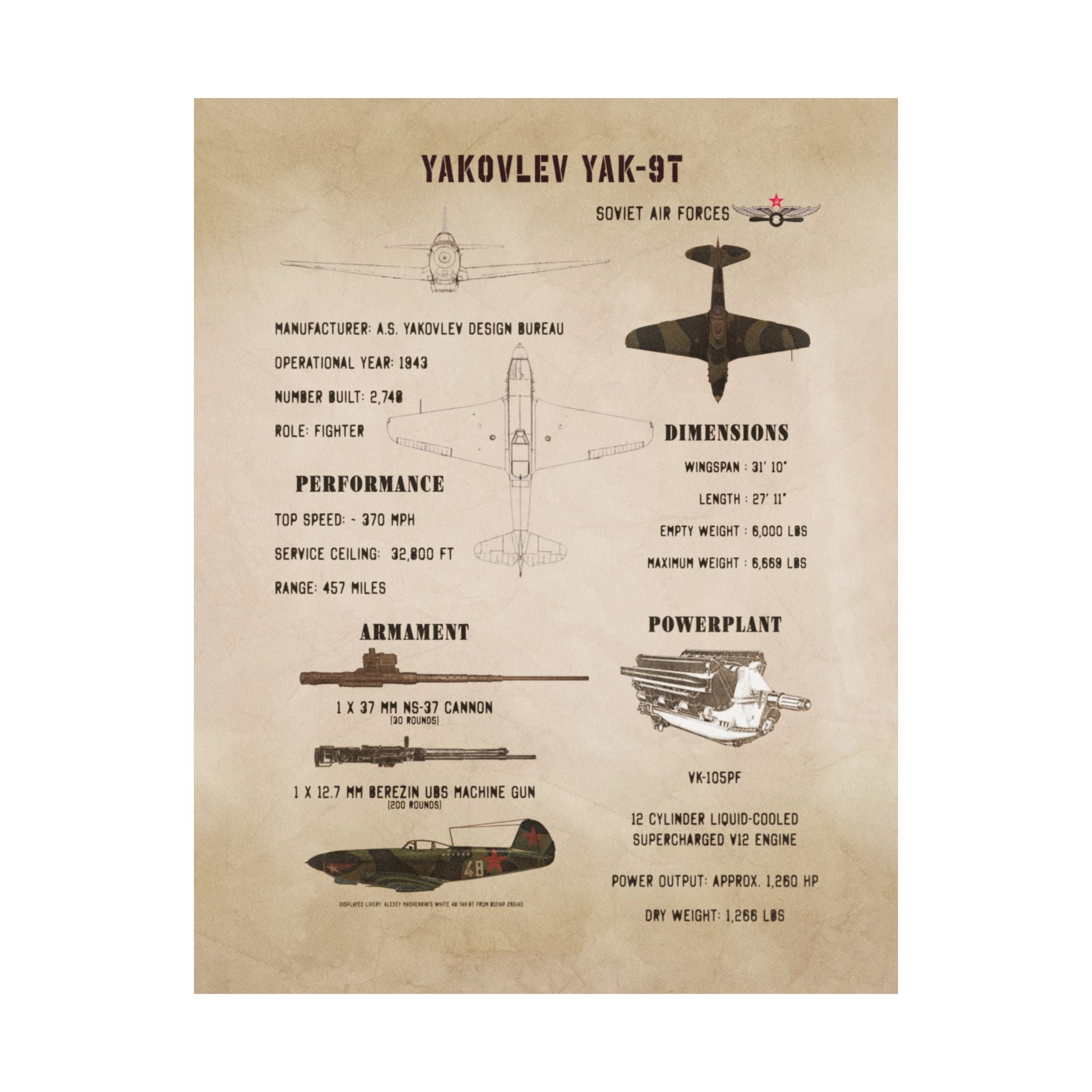 Matte Poster | Yakovlev Yak-9T Specs