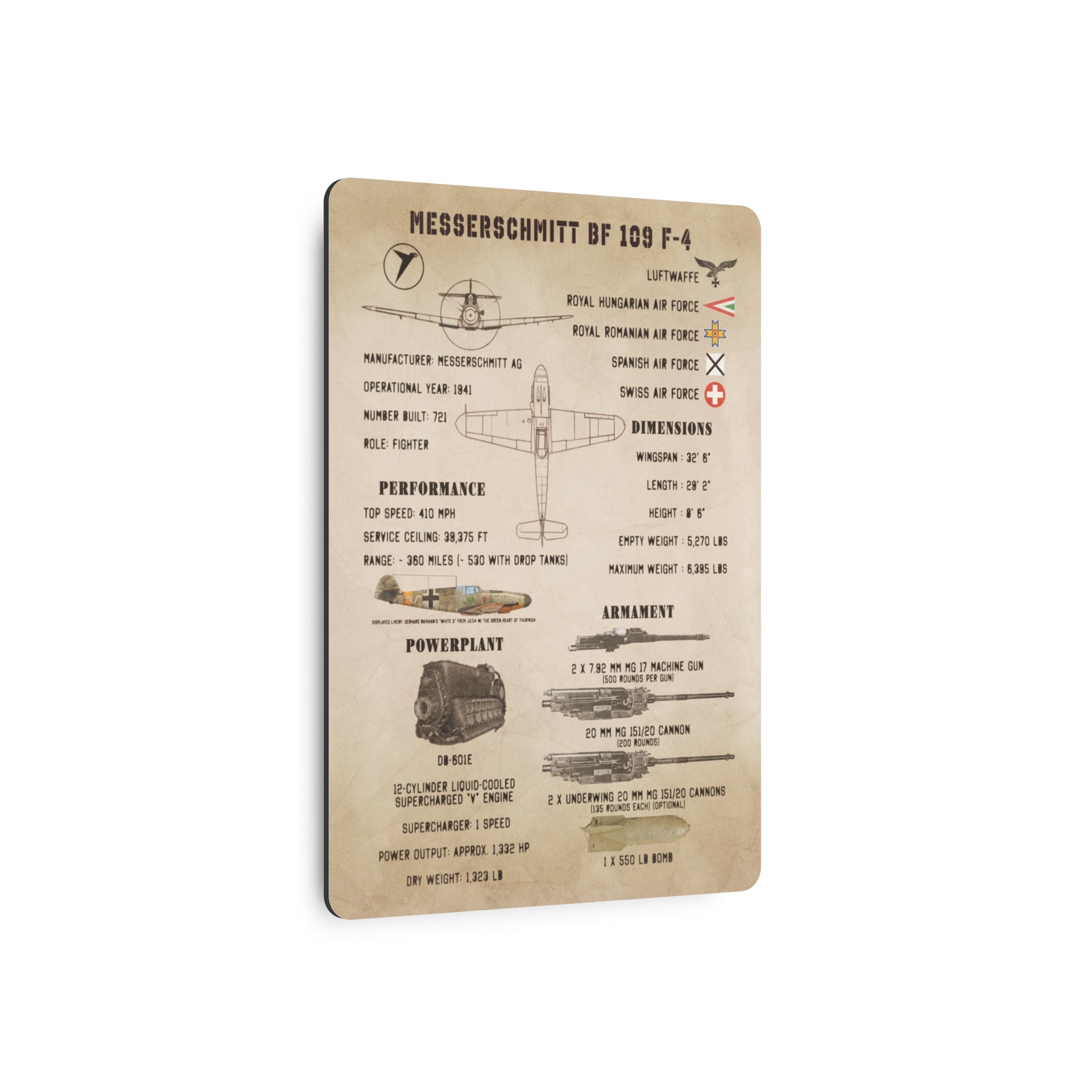 Metal Poster | Messerschmitt Bf 109 F-4 Specs