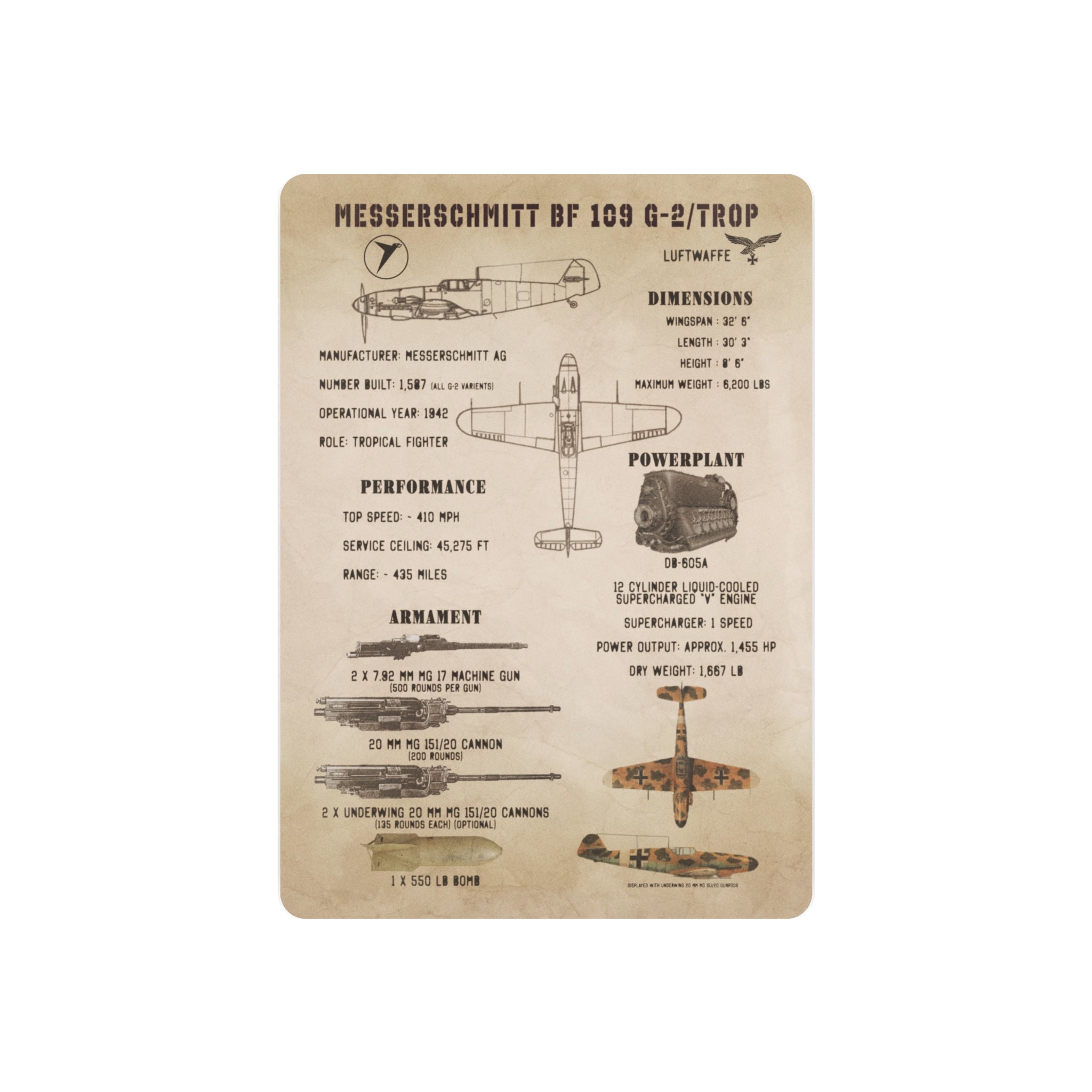 Metal Poster | Messerschmitt Bf 109 G-2/Trop Specs