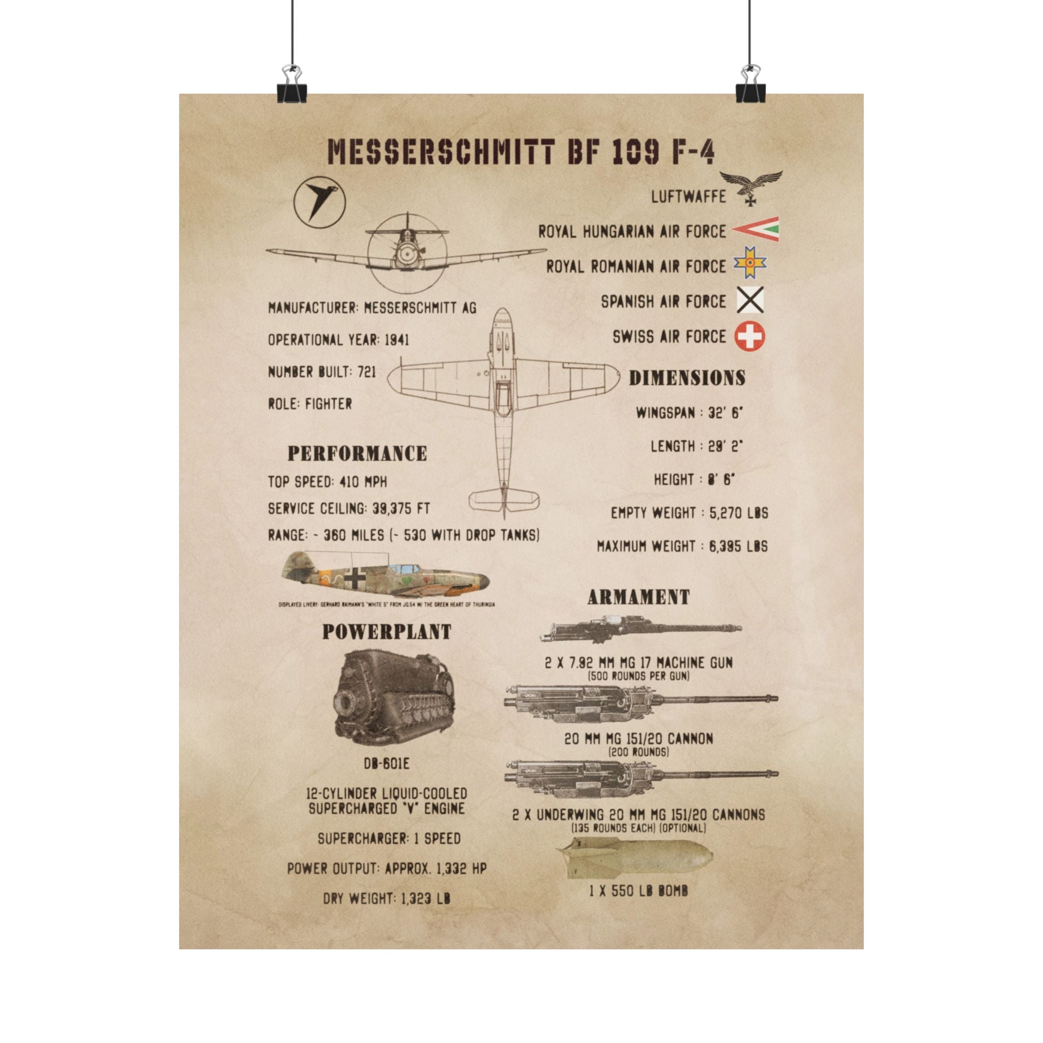 Matte Poster | Messerschmitt Bf 109 F-4 Specs