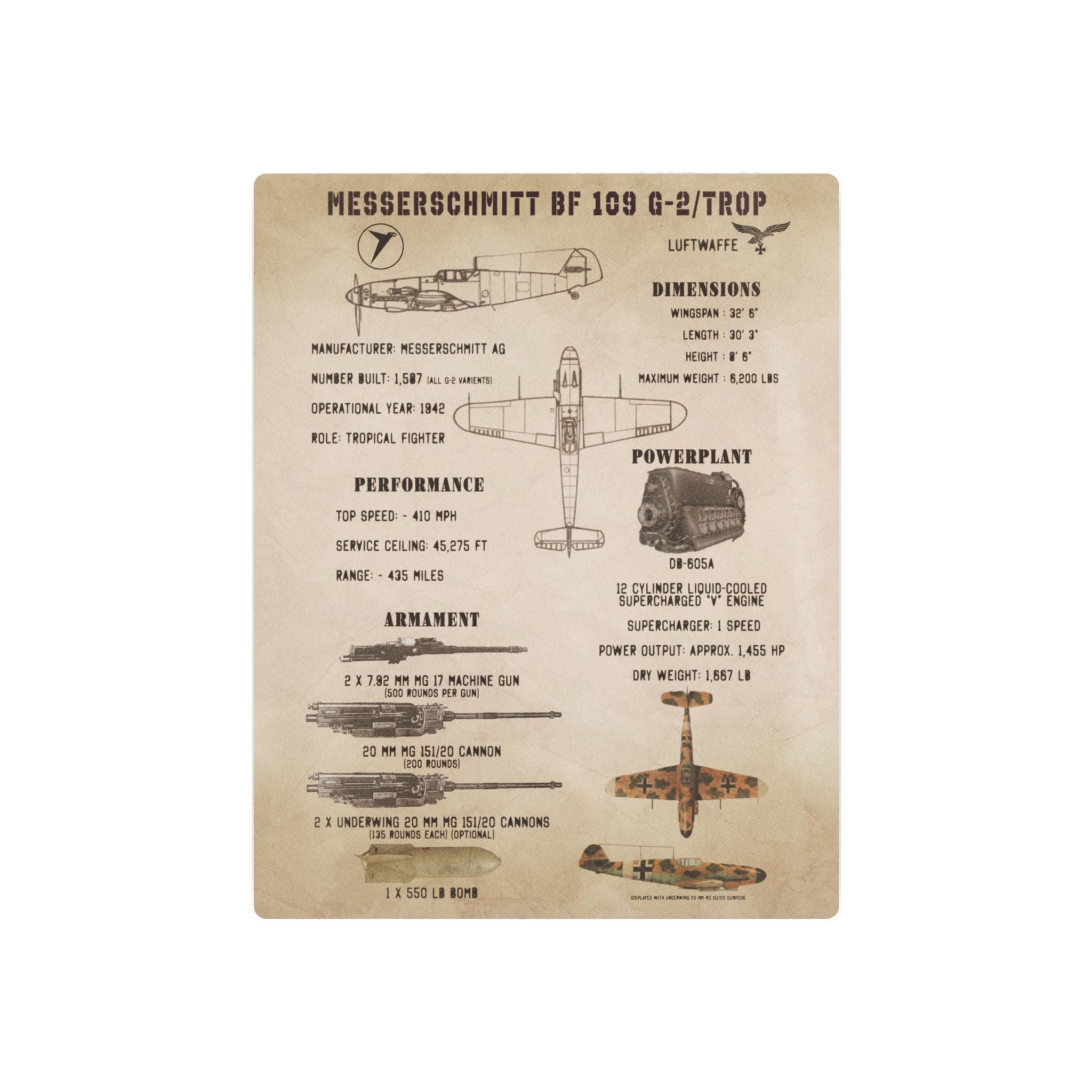 Metal Poster | Messerschmitt Bf 109 G-2/Trop Specs