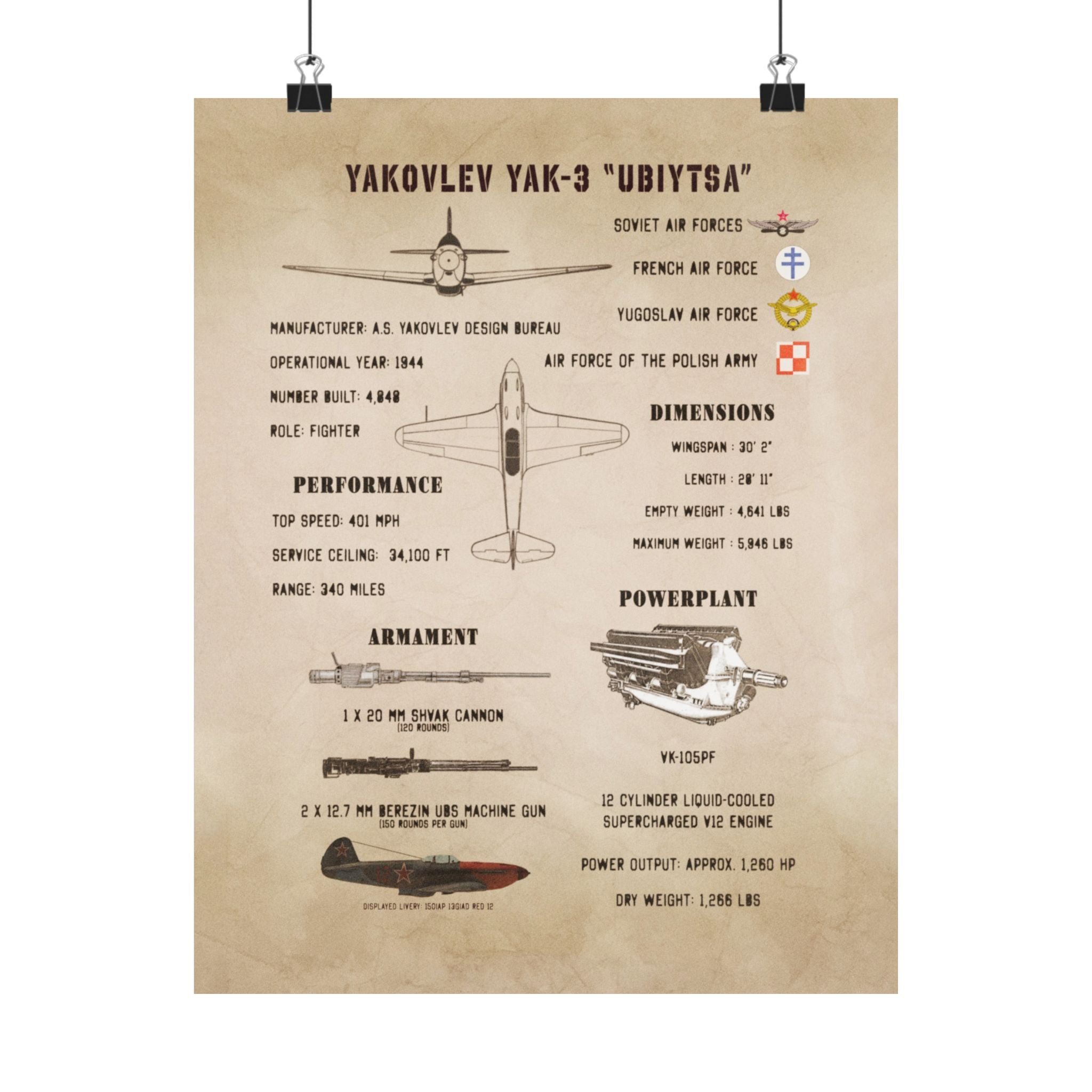 Matte Poster | Yakovlev Yak-3 Specs