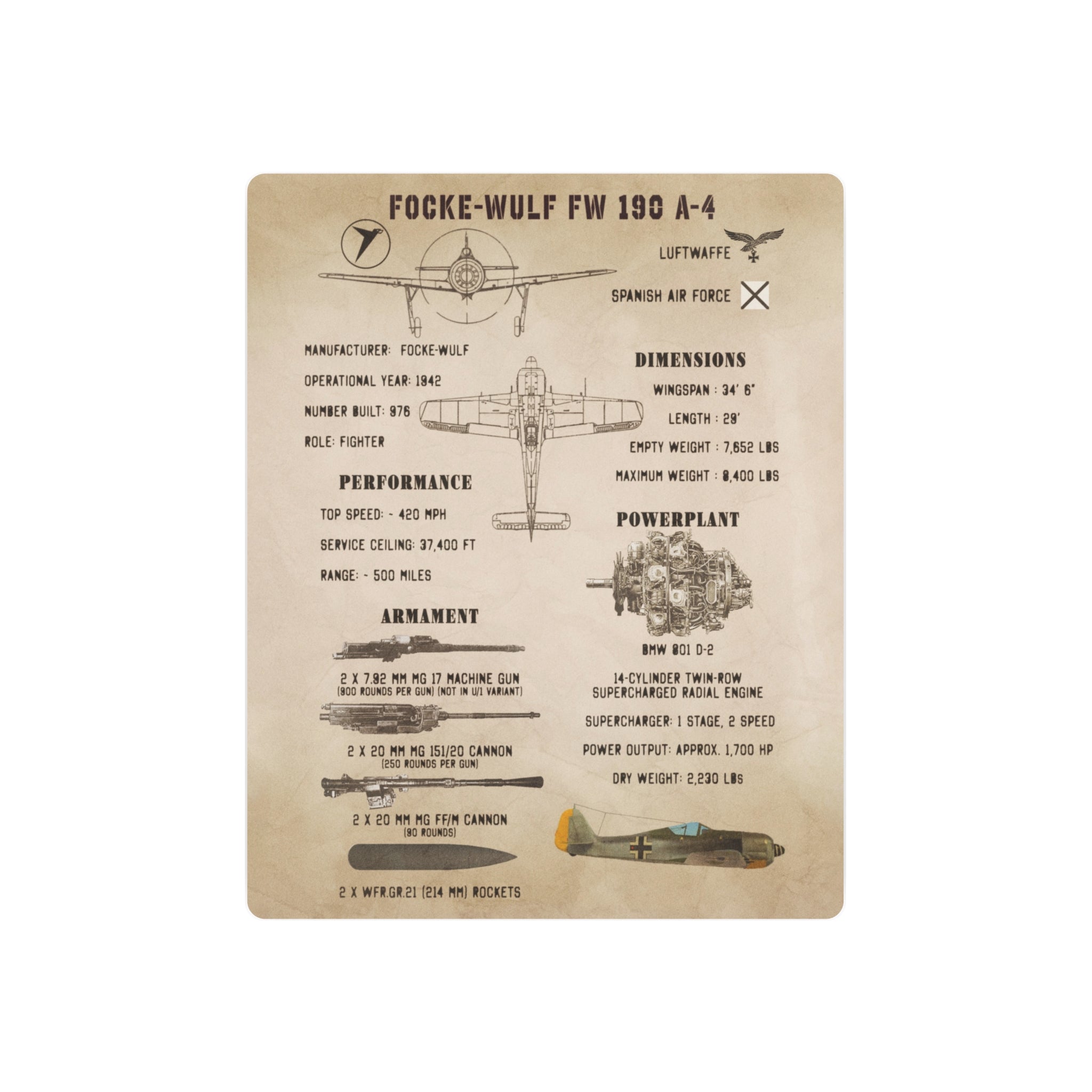Metal Poster | Focke-Wulf Fw 190 A-4 Specs