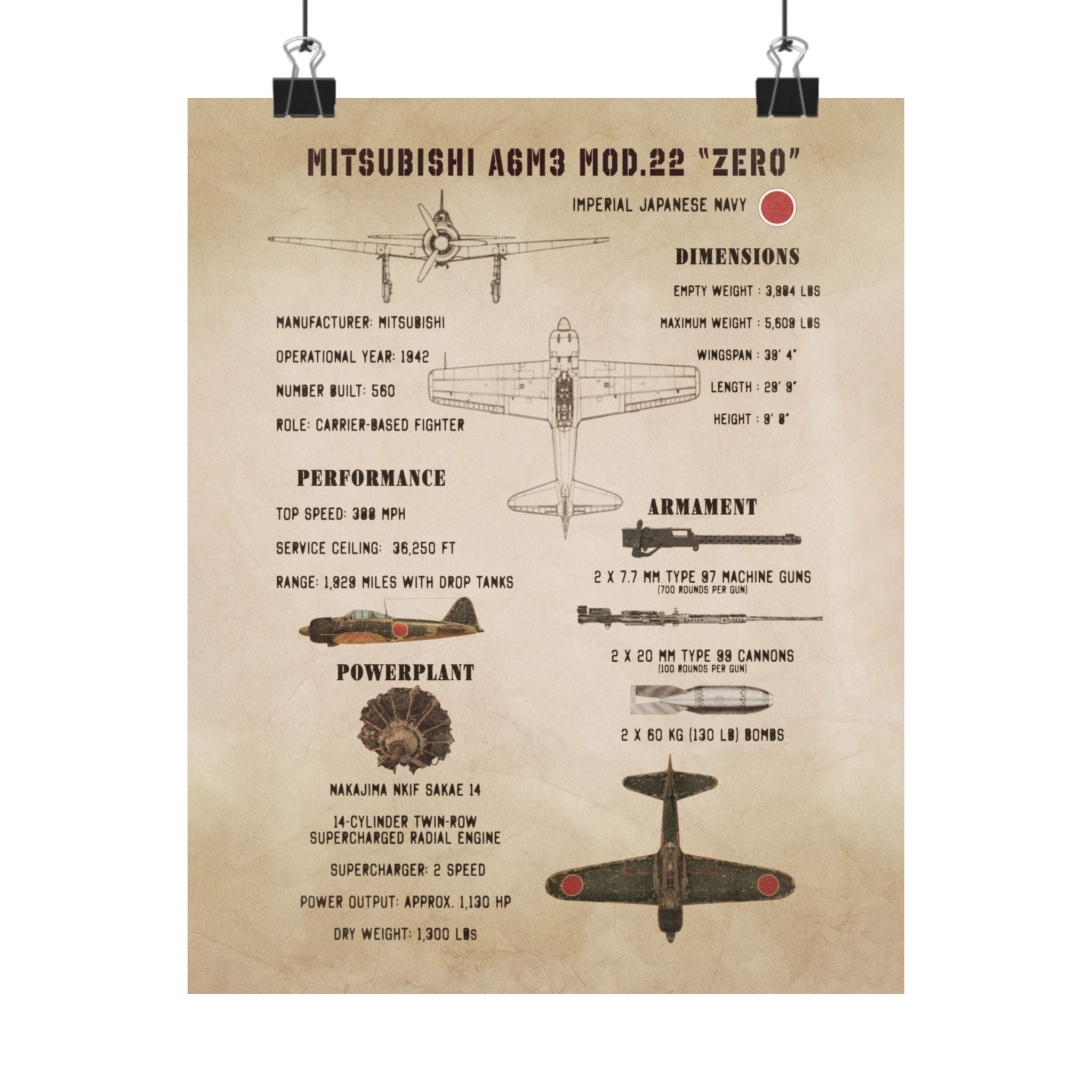 Matte Poster | Mitsubishi A6M3 Mod.22 "Zero" Specs