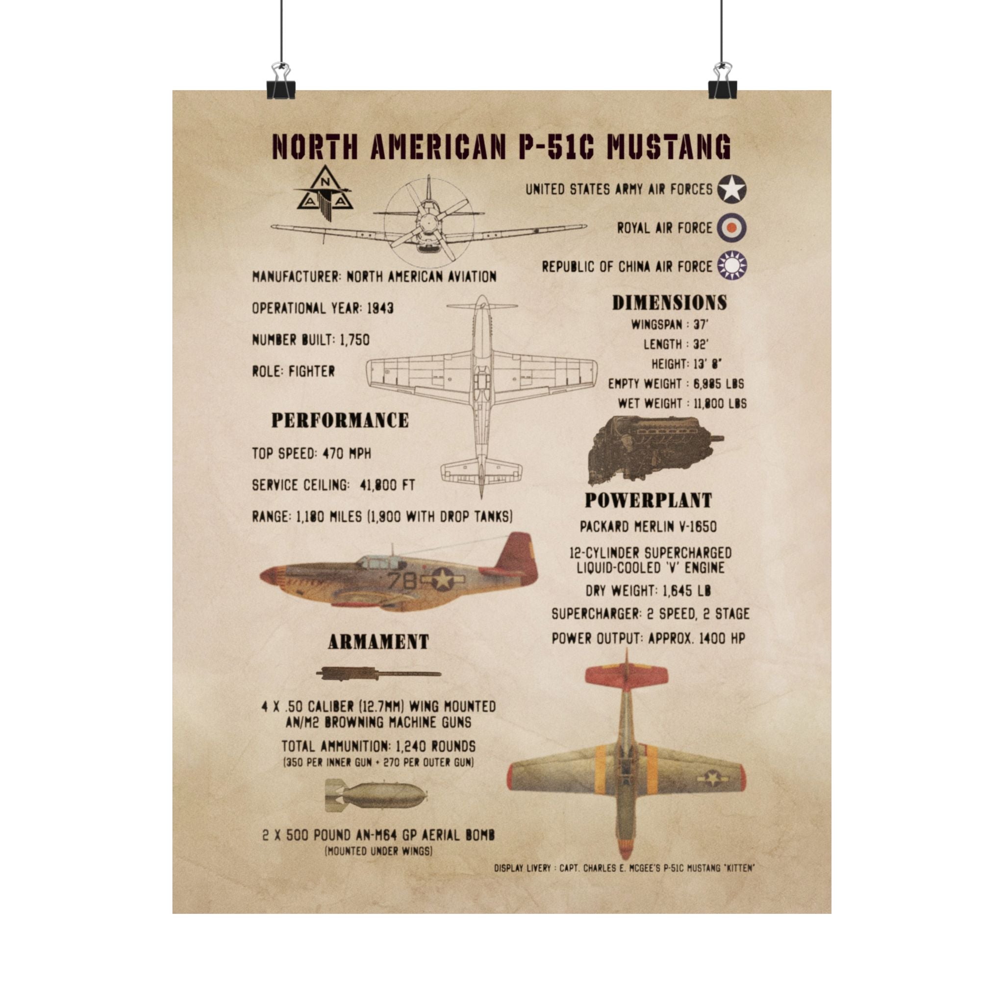 Matte Poster | P-51C Mustang Specs
