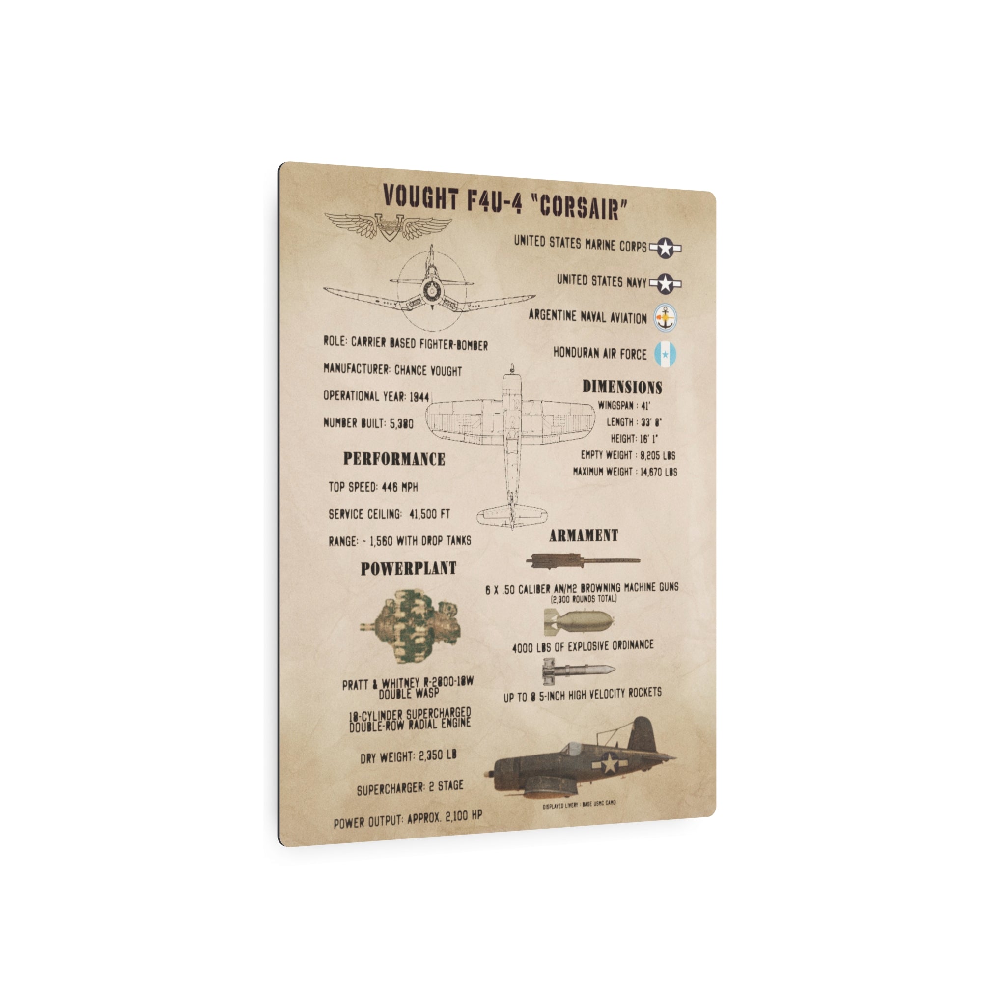 Metal Poster | F4U-4 "Corsair" Specs