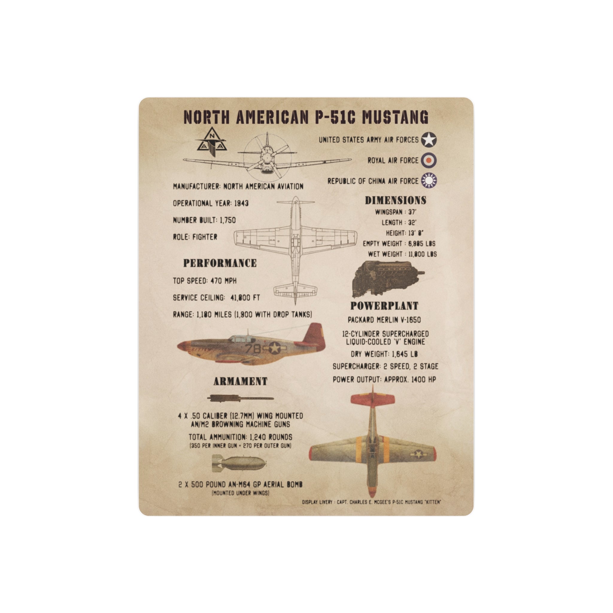 Metal Poster | P-51C Mustang Specs