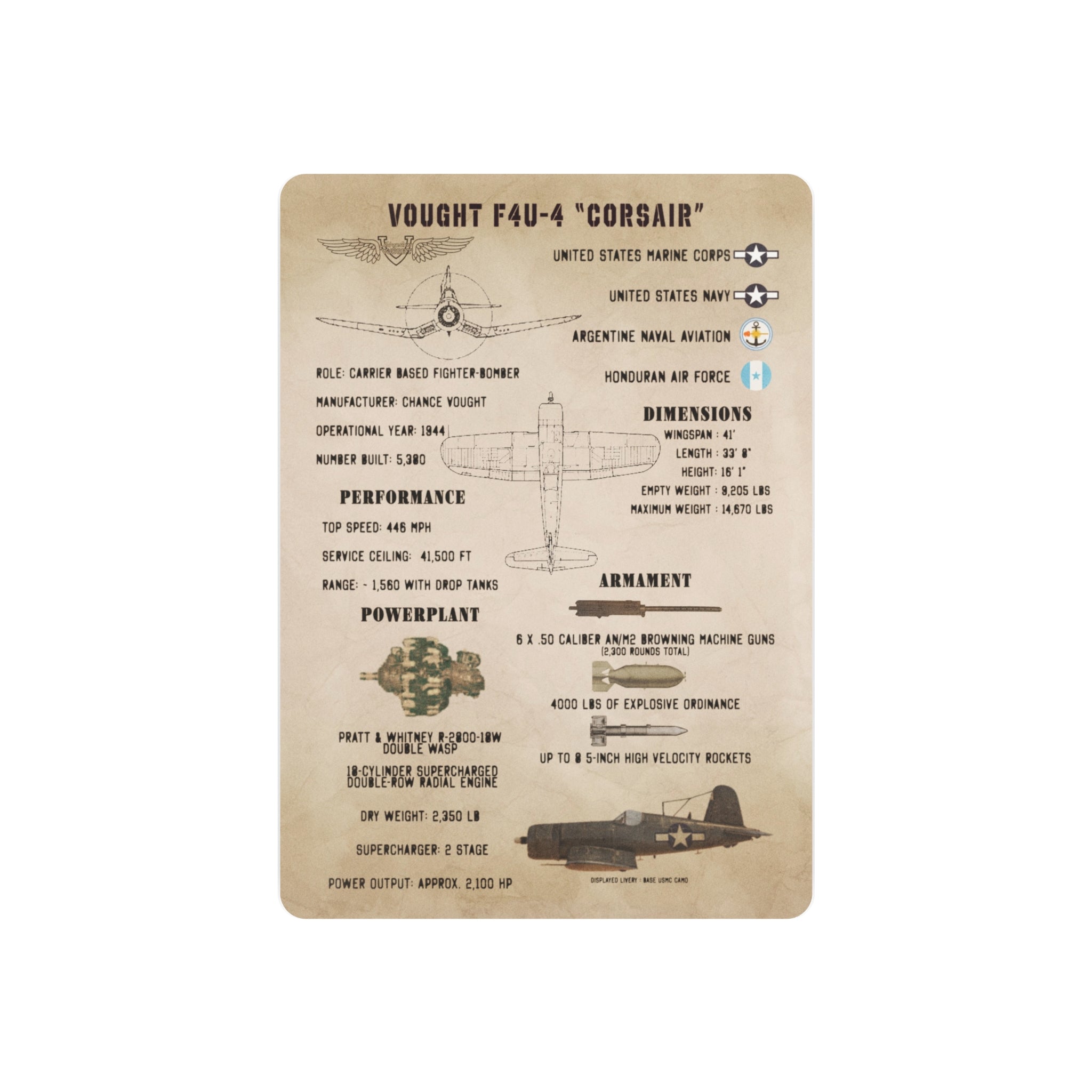 Metal Poster | F4U-4 "Corsair" Specs