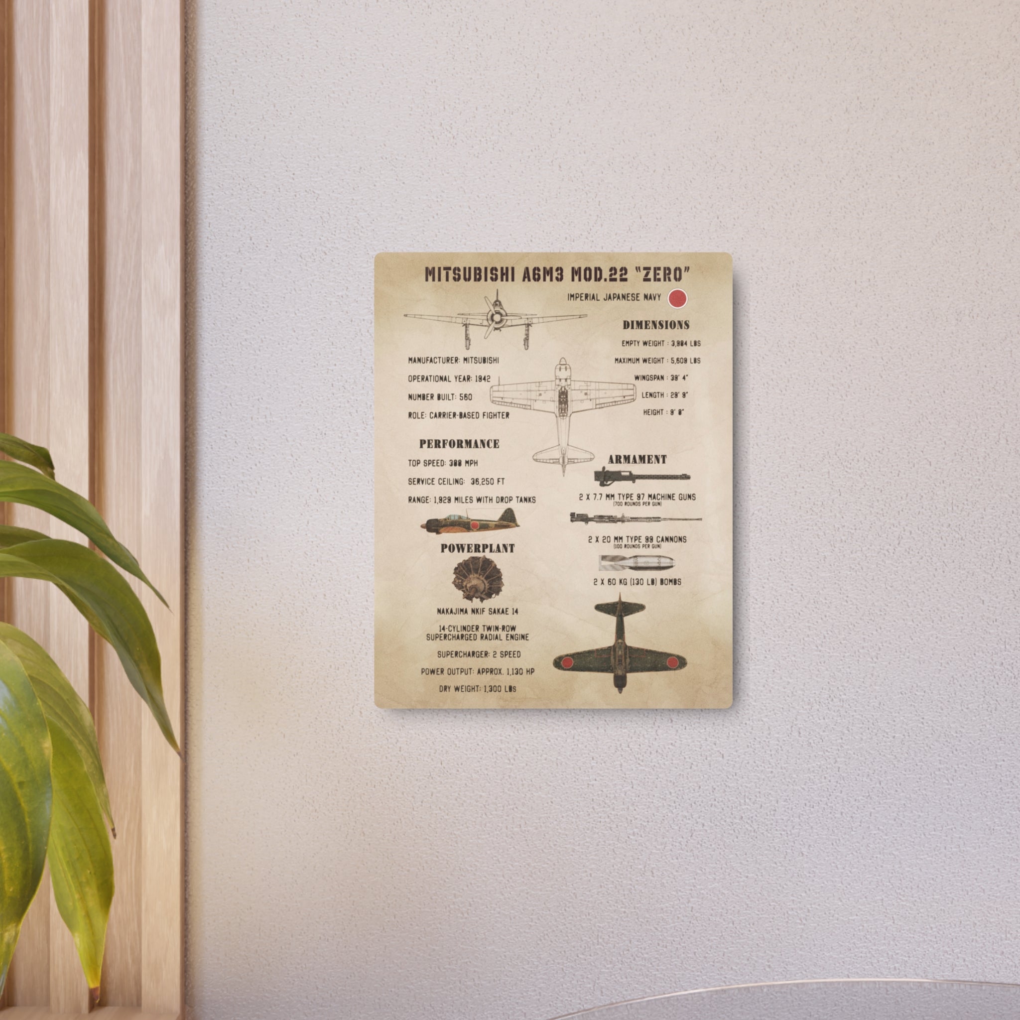 Metal Poster | Mitsubishi A6M3 Mod.22 "Zero" Specs