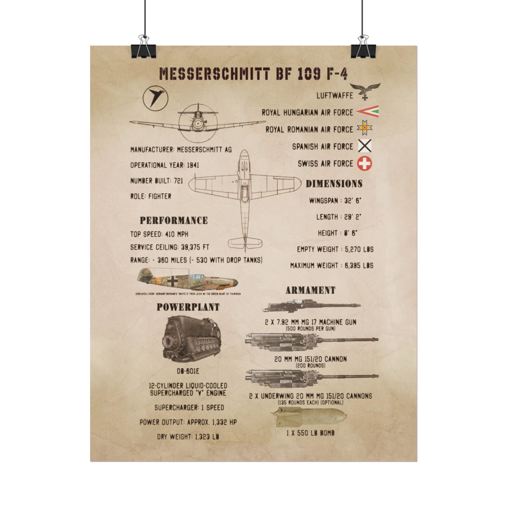 Vintage Glossy Poster | Messerschmitt Bf 109 F-4 Specs