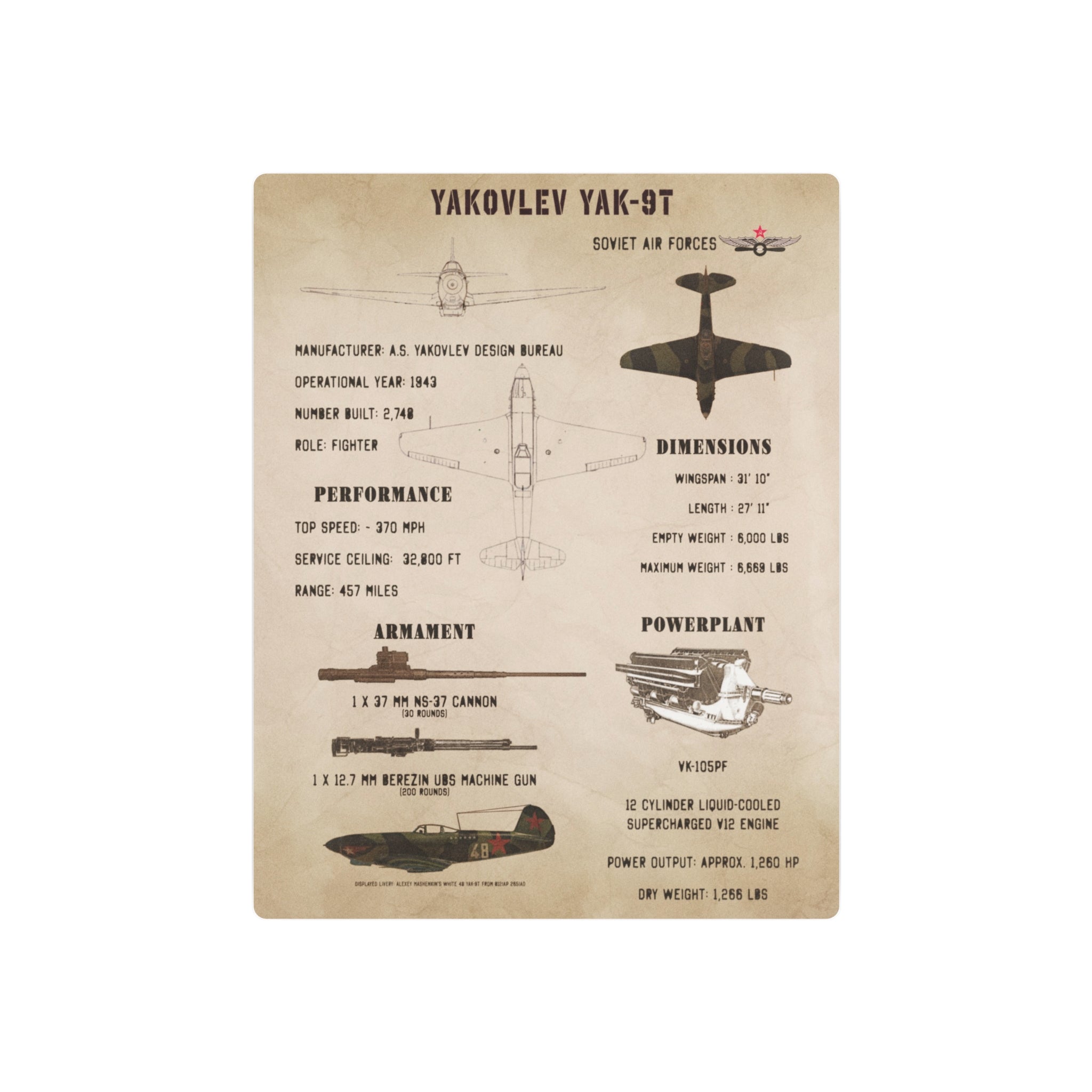 Metal Poster | Yakovlev Yak-9T Specs