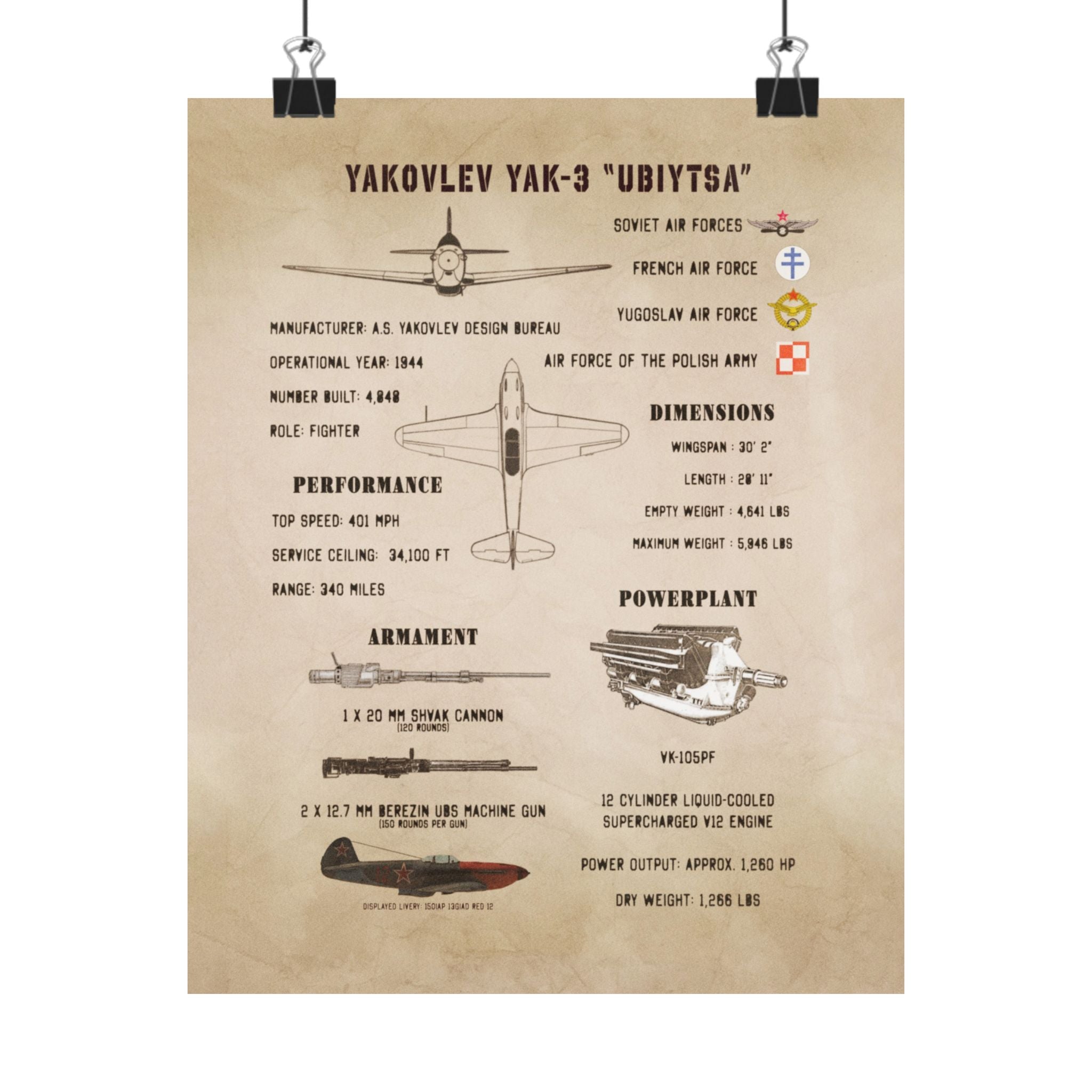 Matte Poster | Yakovlev Yak-3 Specs