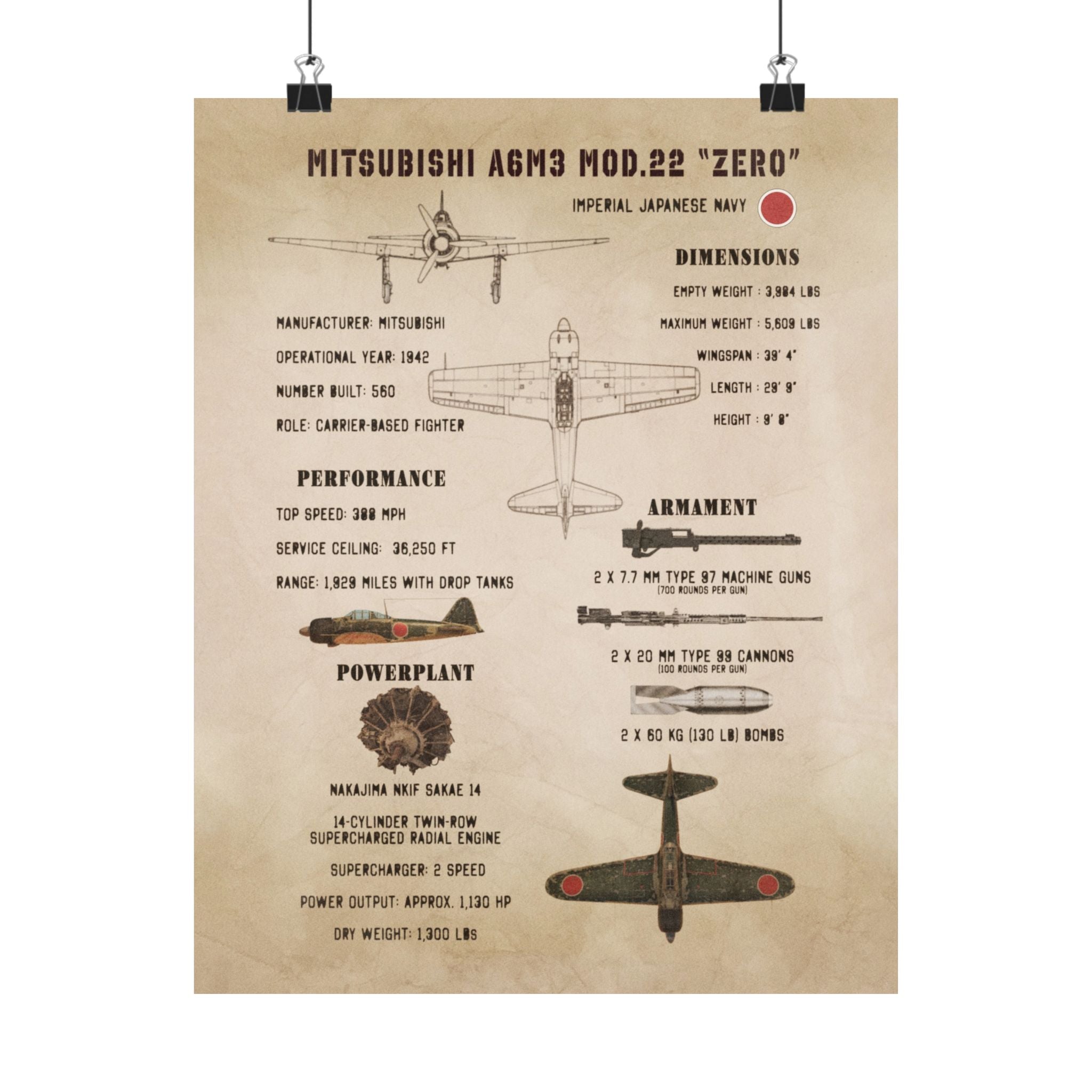 Matte Poster | Mitsubishi A6M3 Mod.22 "Zero" Specs