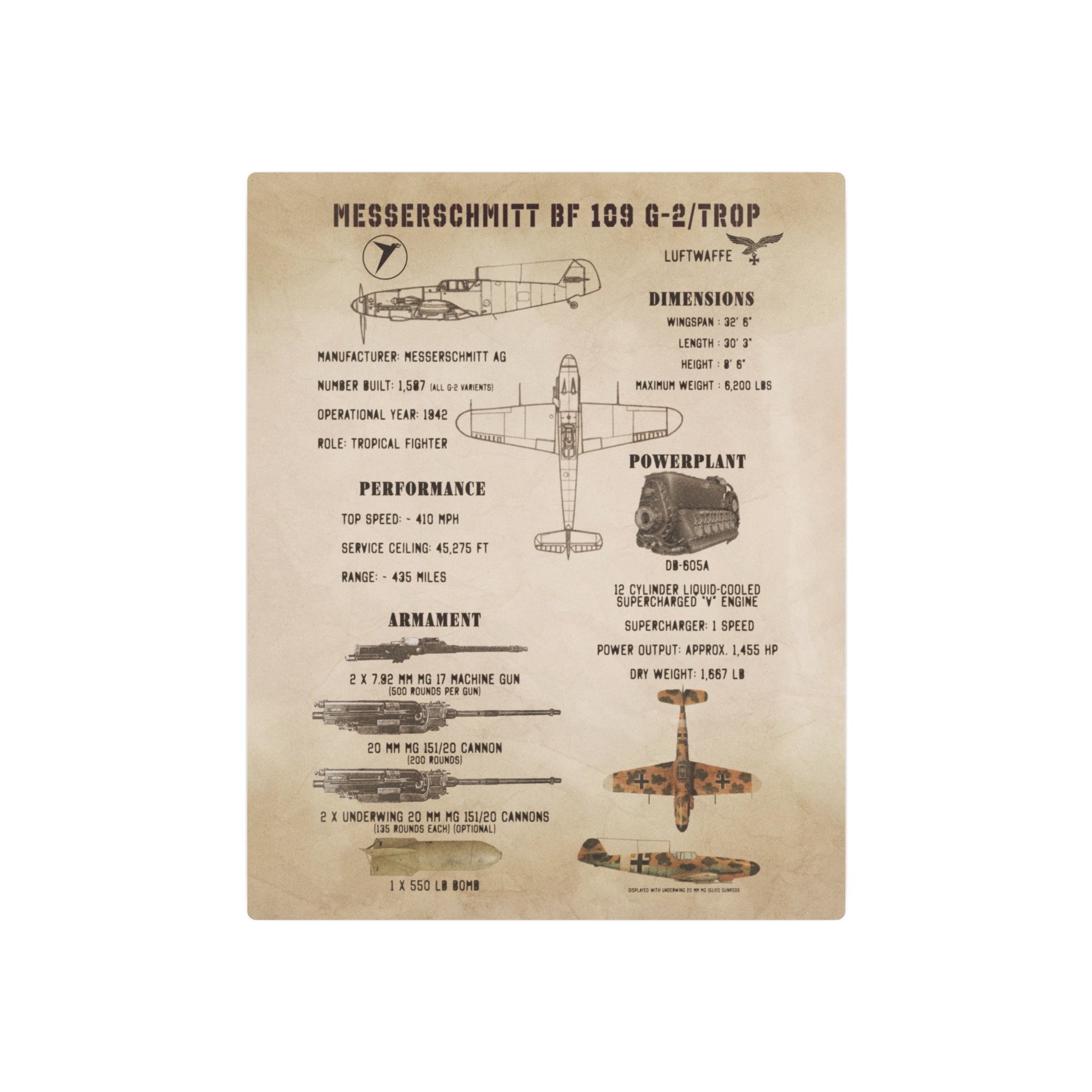 Metal Poster | Messerschmitt Bf 109 G-2/Trop Specs