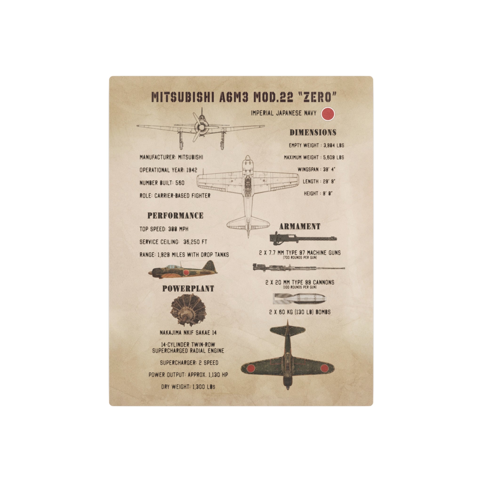 Metal Poster | Mitsubishi A6M3 Mod.22 "Zero" Specs