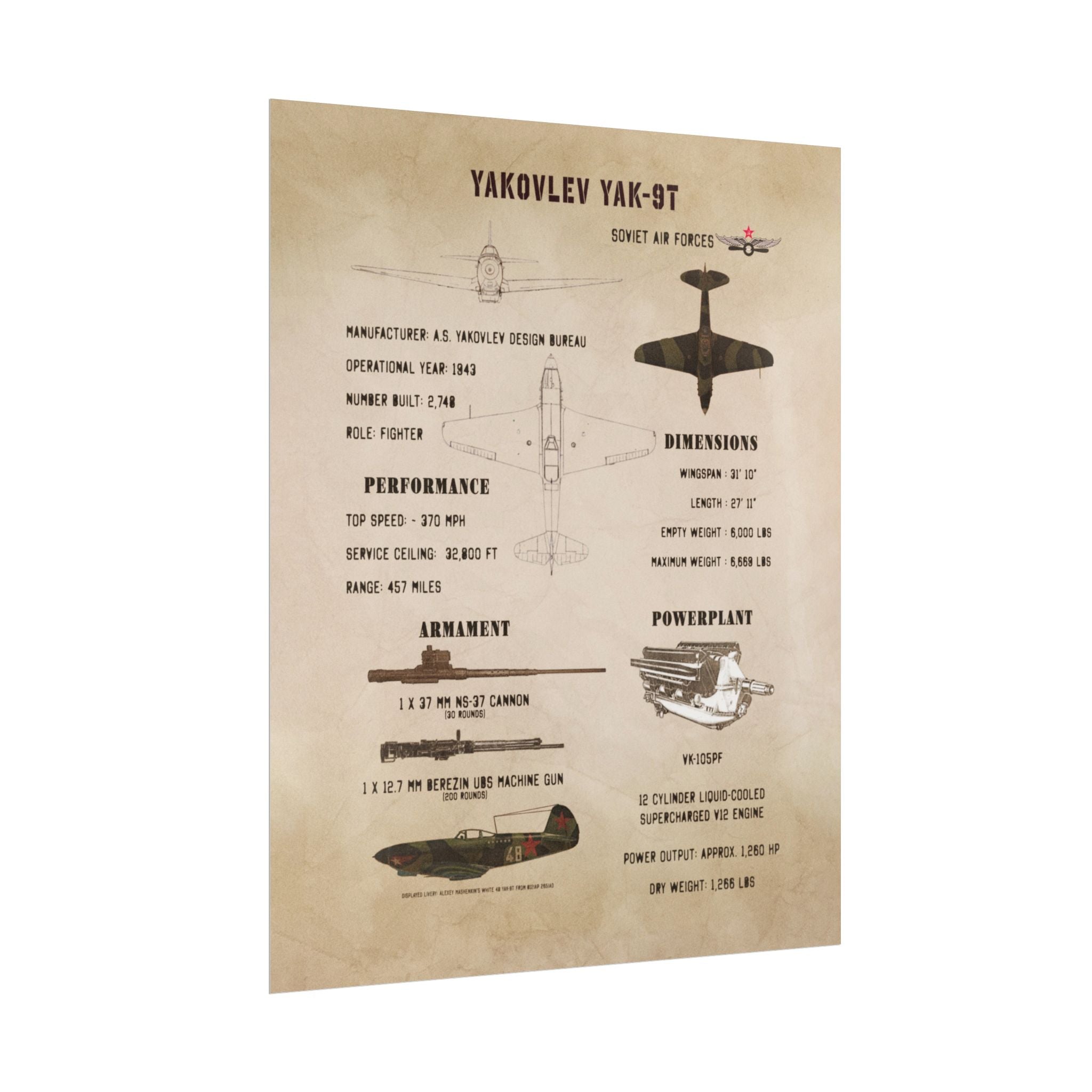 Vintage Glossy Poster | Yakovlev Yak-9T Specs