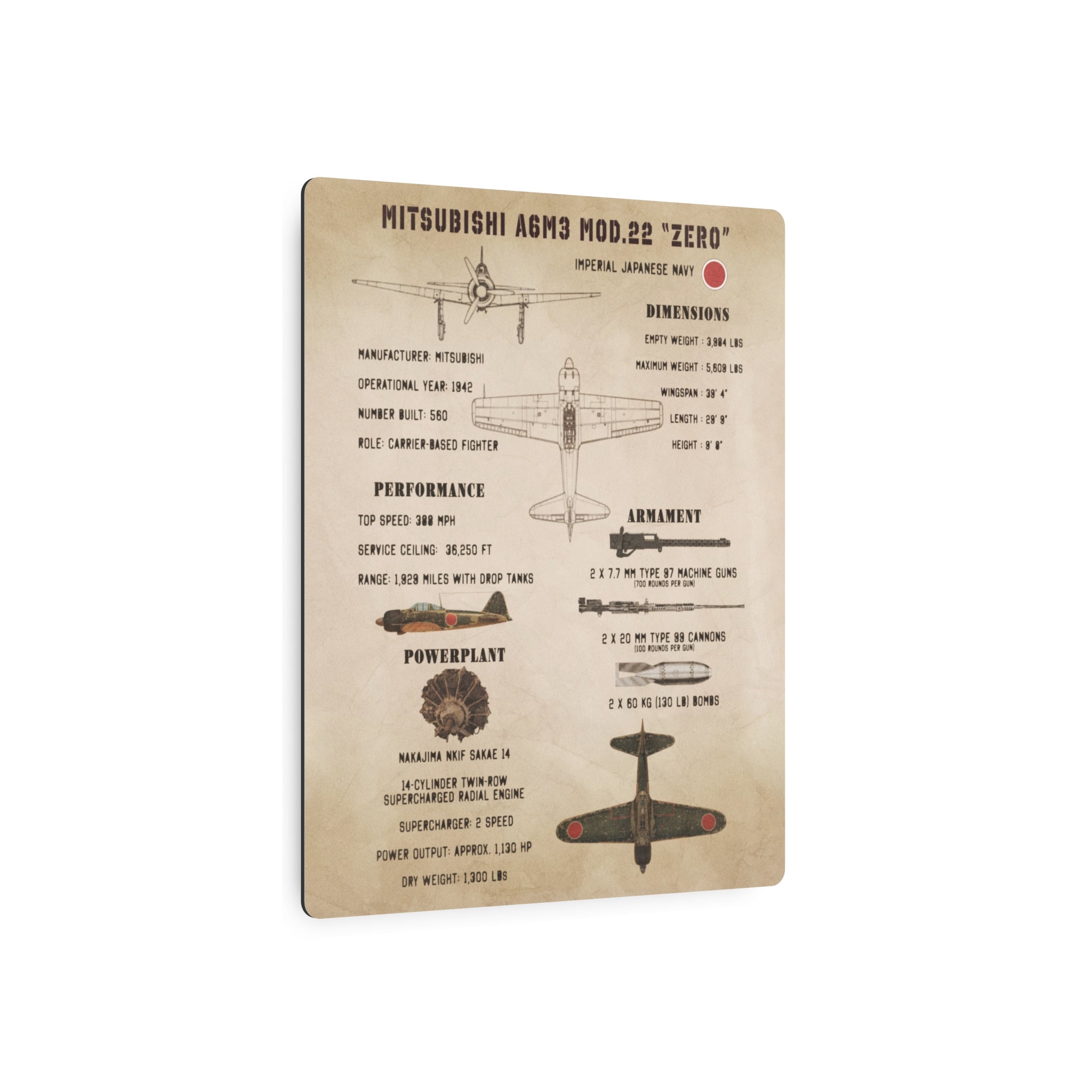 Metal Poster | Mitsubishi A6M3 Mod.22 "Zero" Specs