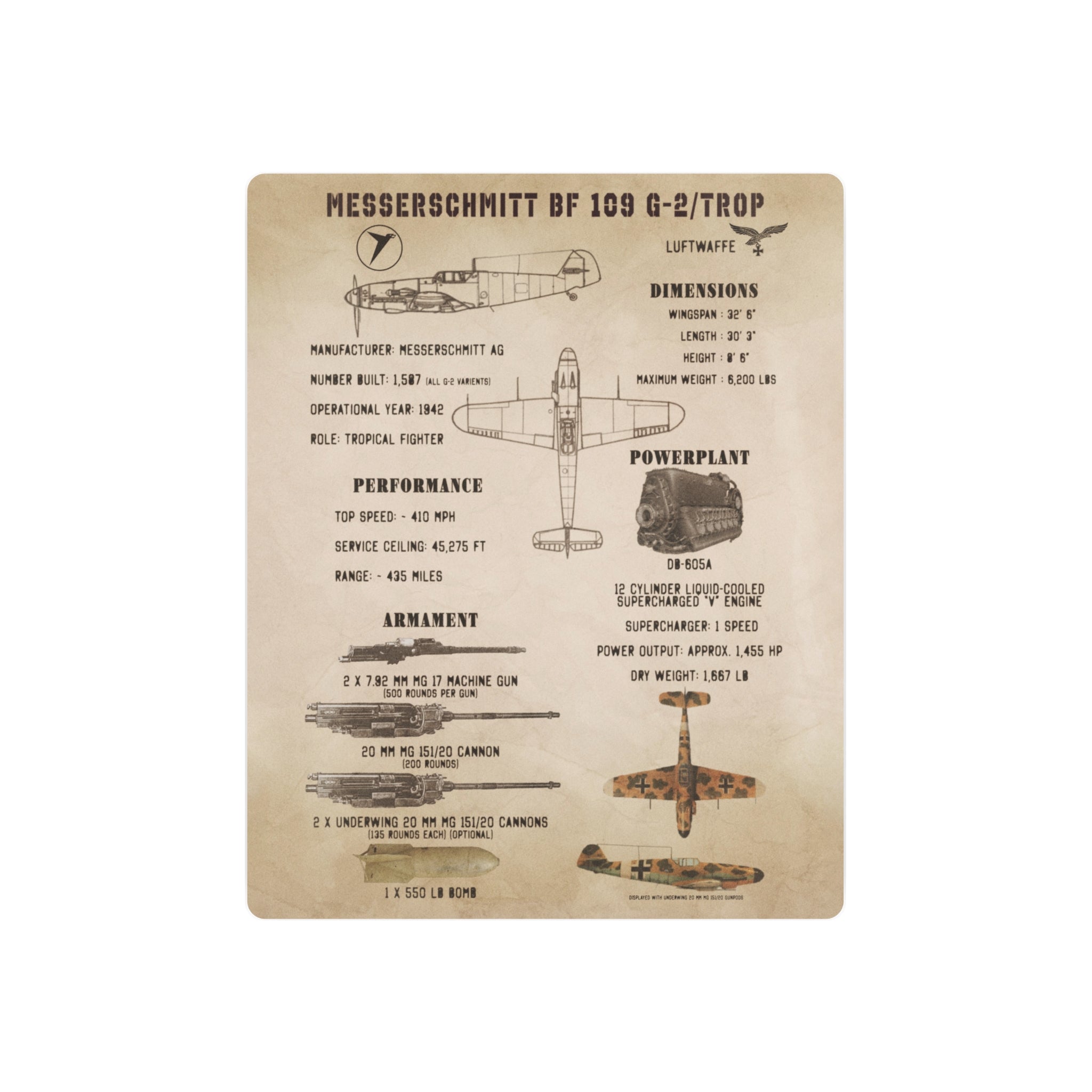 Metal Poster | Messerschmitt Bf 109 G-2/Trop Specs