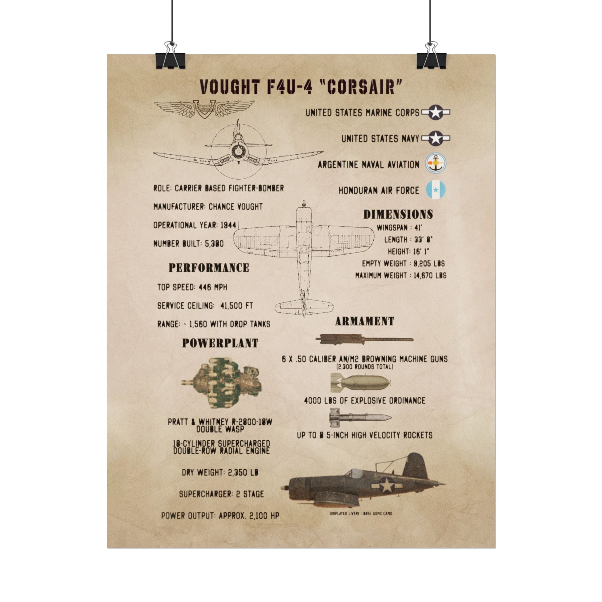 Vintage Glossy Poster | F4U-4 "Corsair" Specs