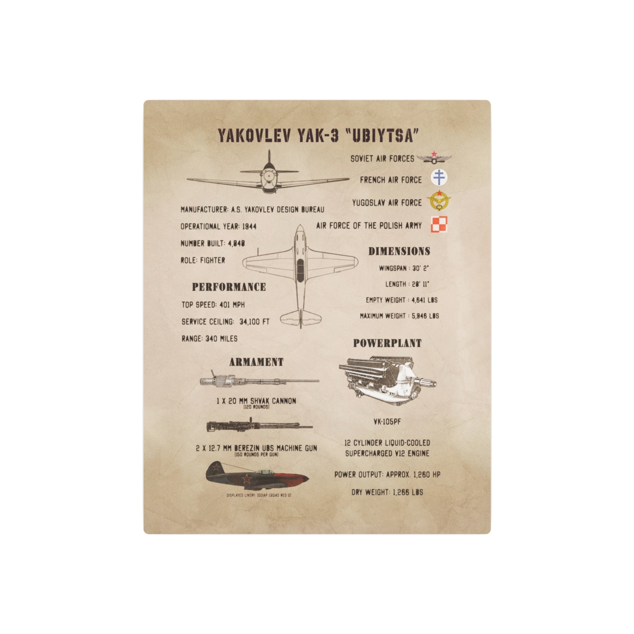 Metal Poster | Yakovlev Yak-3 Specs