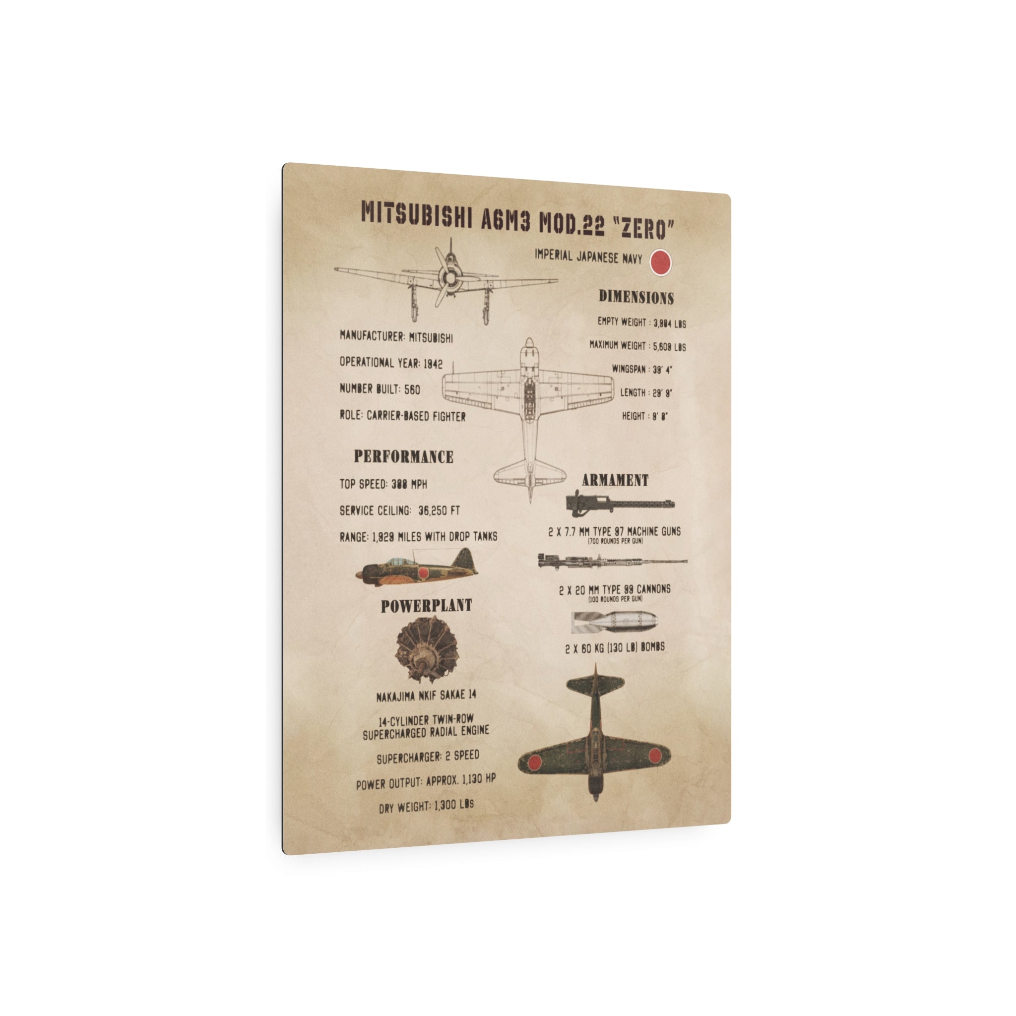 Metal Poster | Mitsubishi A6M3 Mod.22 "Zero" Specs