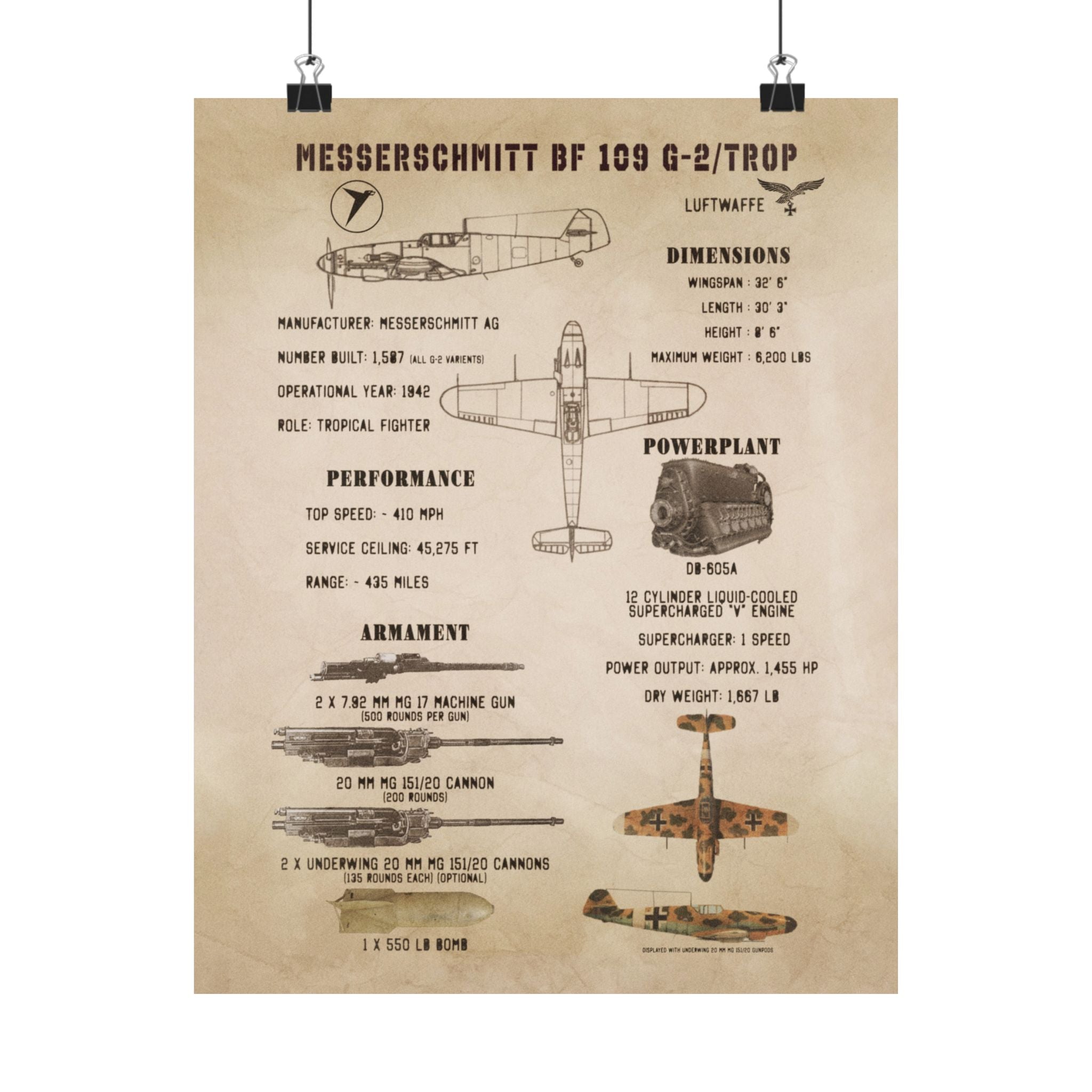 Matte Poster | Messerschmitt Bf 109 G-2/Trop Specs