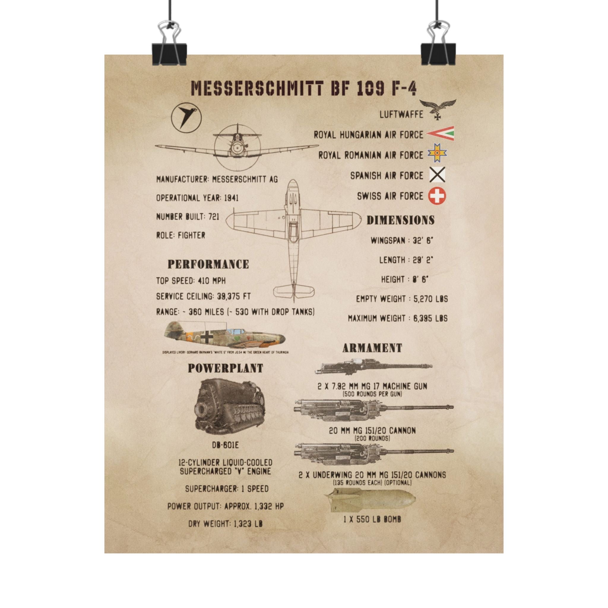 Matte Poster | Messerschmitt Bf 109 F-4 Specs