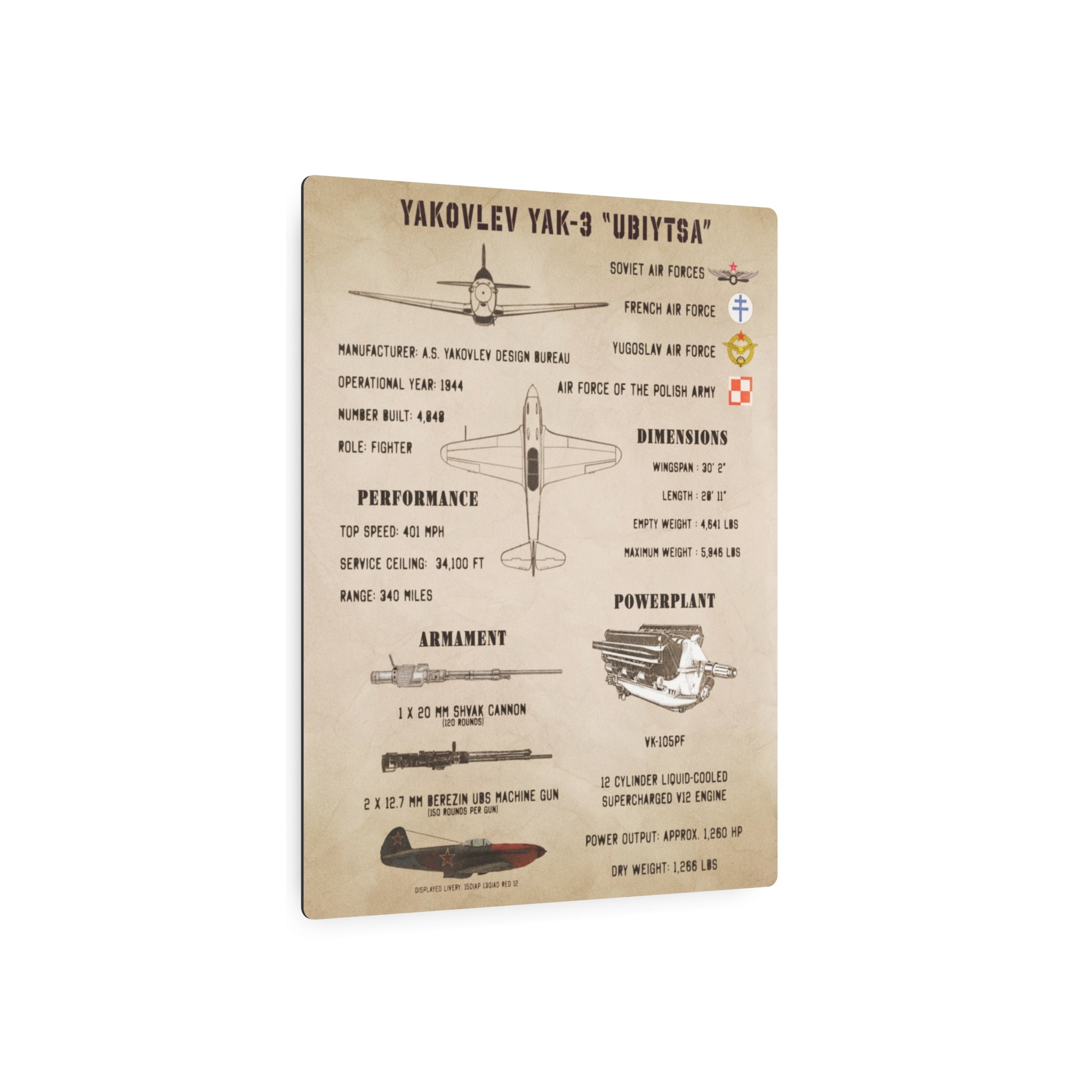 Metal Poster | Yakovlev Yak-3 Specs