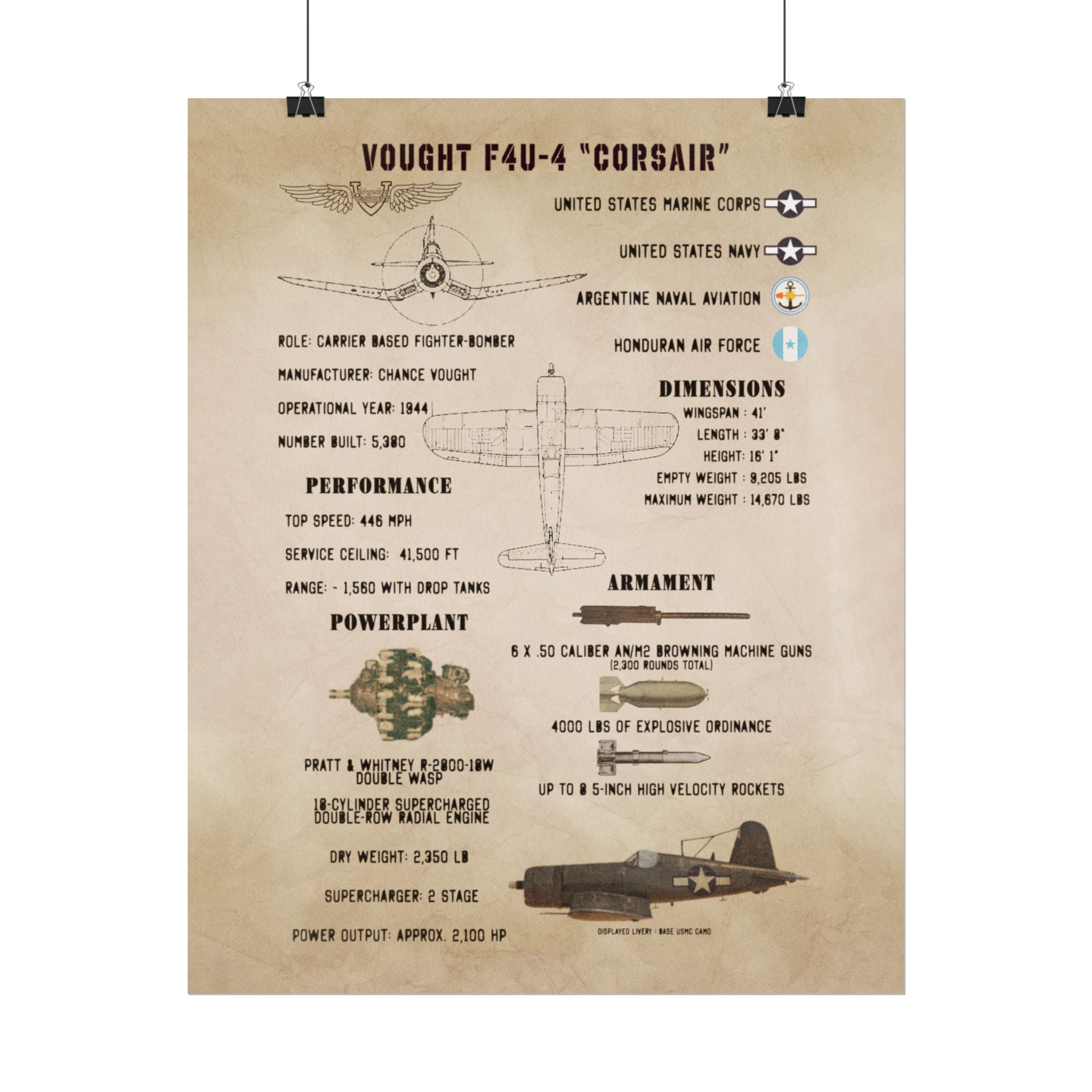 Vintage Glossy Poster | F4U-4 "Corsair" Specs