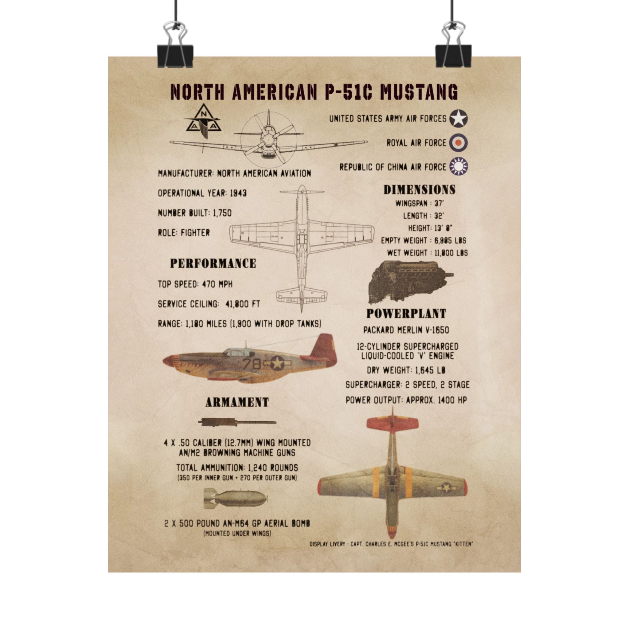 Matte Poster | P-51C Mustang Specs