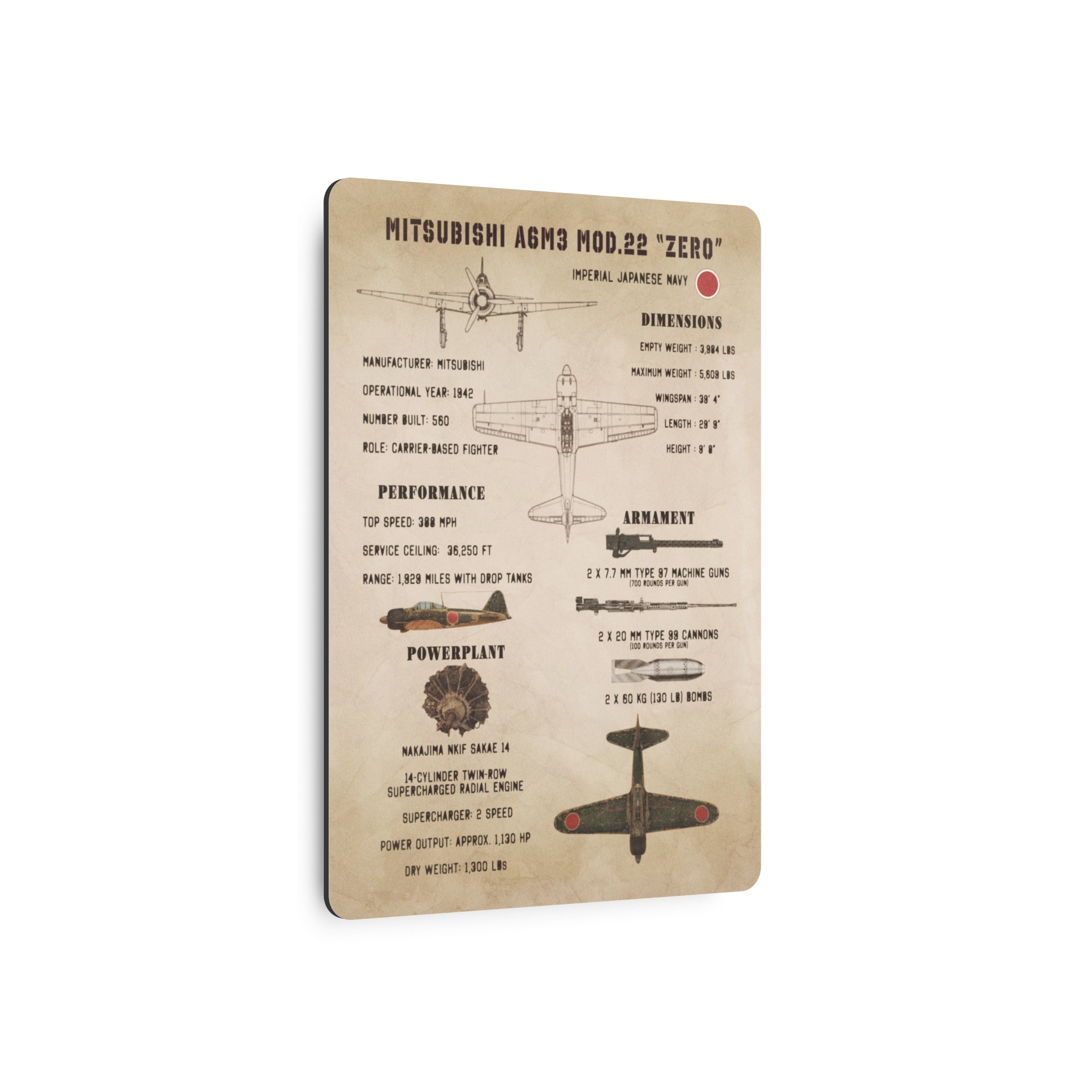 Metal Poster | Mitsubishi A6M3 Mod.22 "Zero" Specs