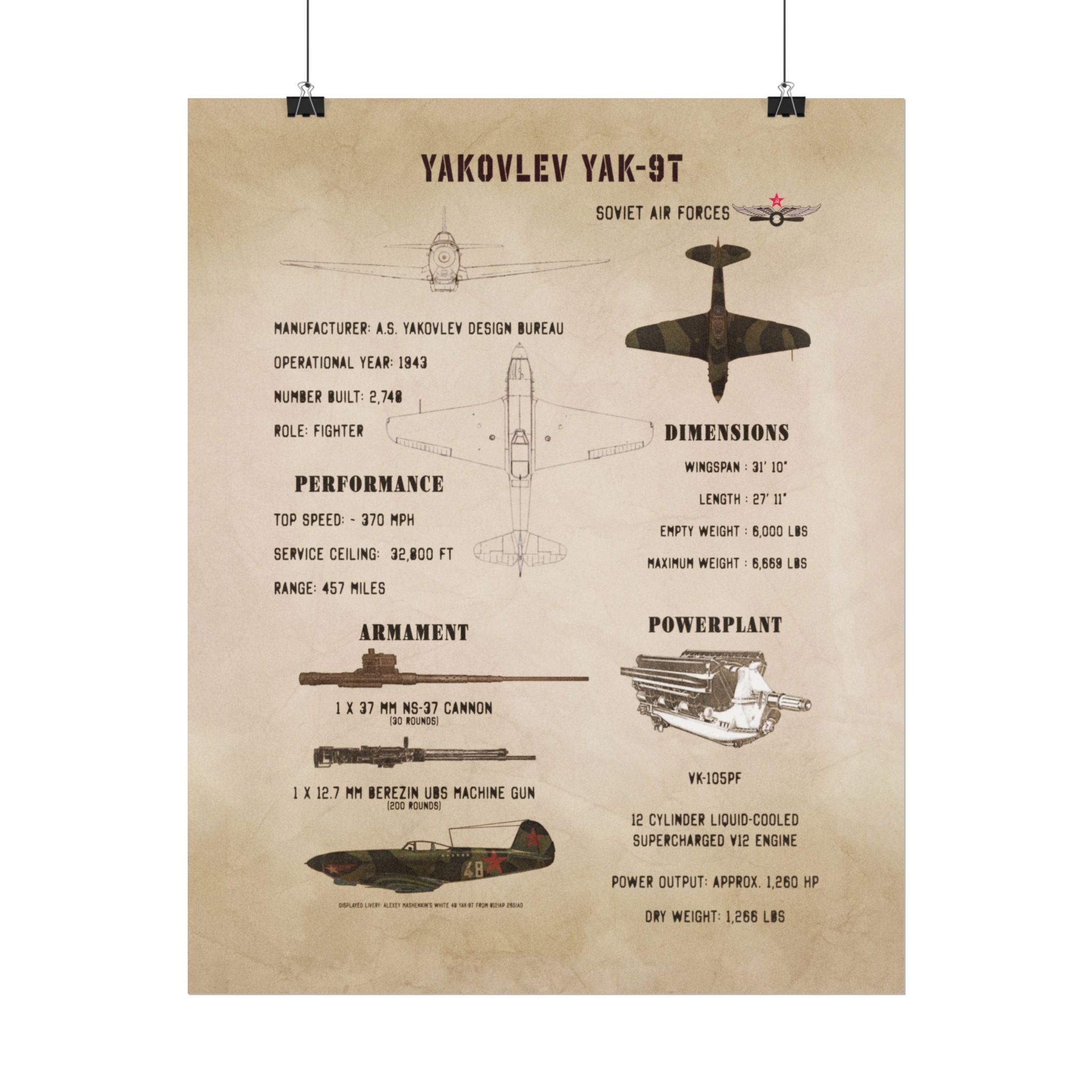 Vintage Glossy Poster | Yakovlev Yak-9T Specs
