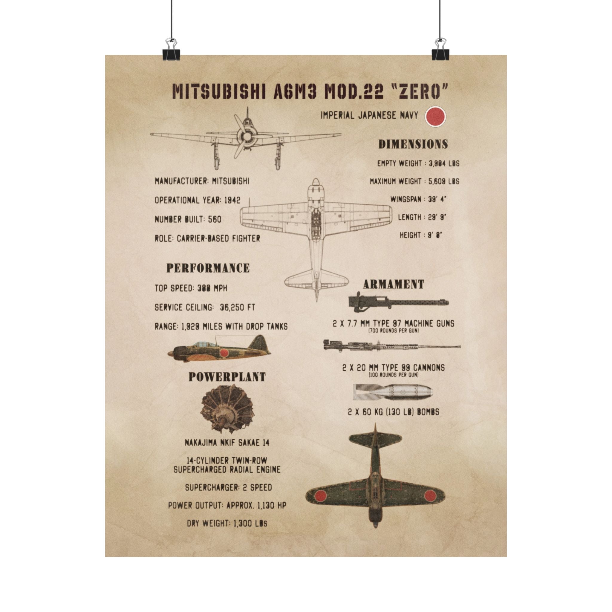 Matte Poster | Mitsubishi A6M3 Mod.22 "Zero" Specs