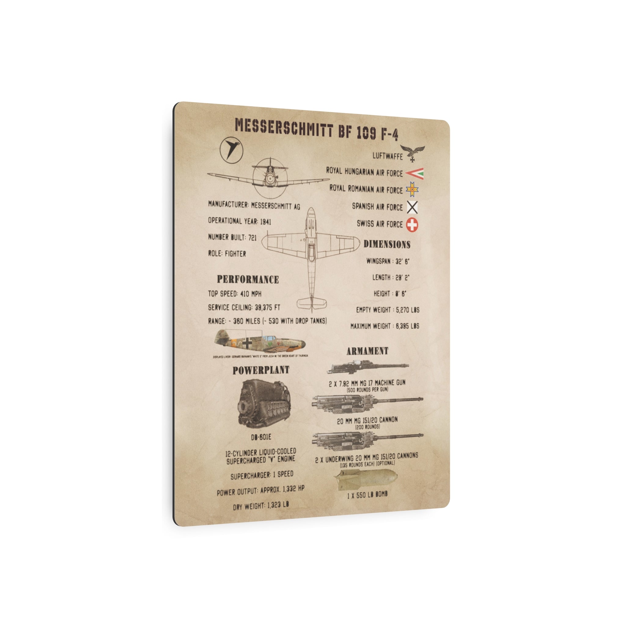 Metal Poster | Messerschmitt Bf 109 F-4 Specs