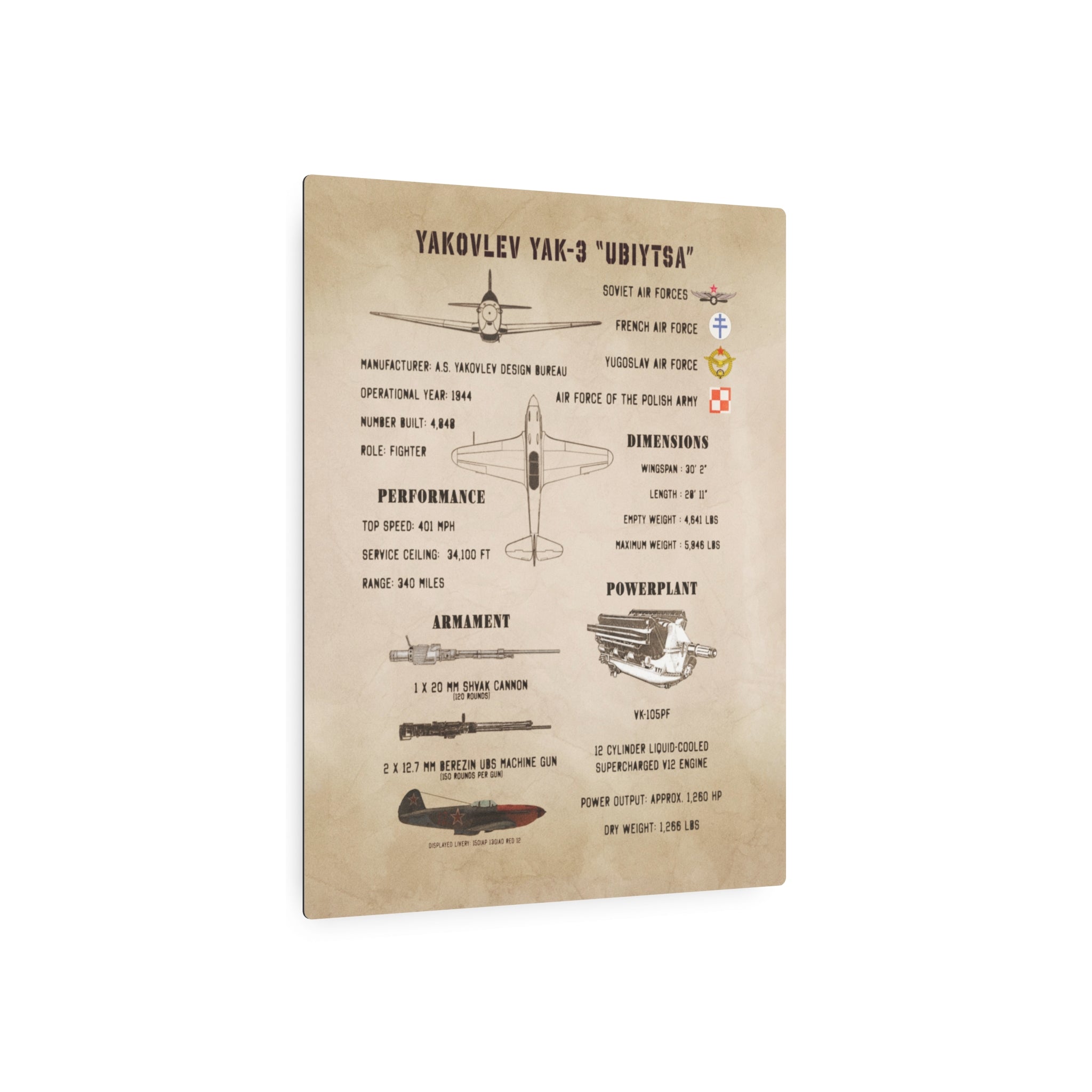 Metal Poster | Yakovlev Yak-3 Specs